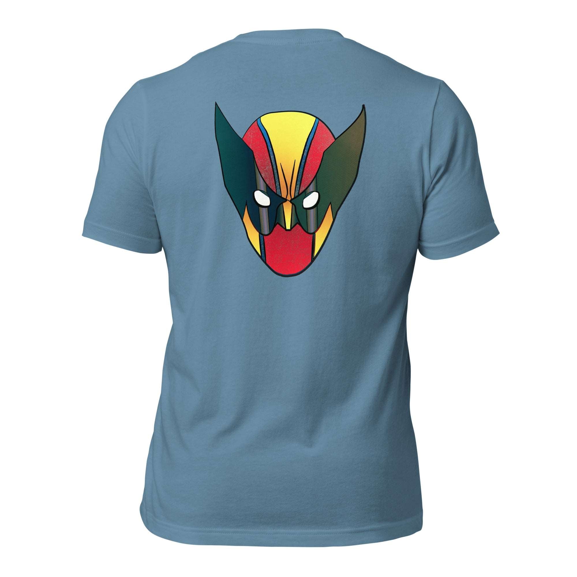 a blue t - shirt with an image of a demon's head
