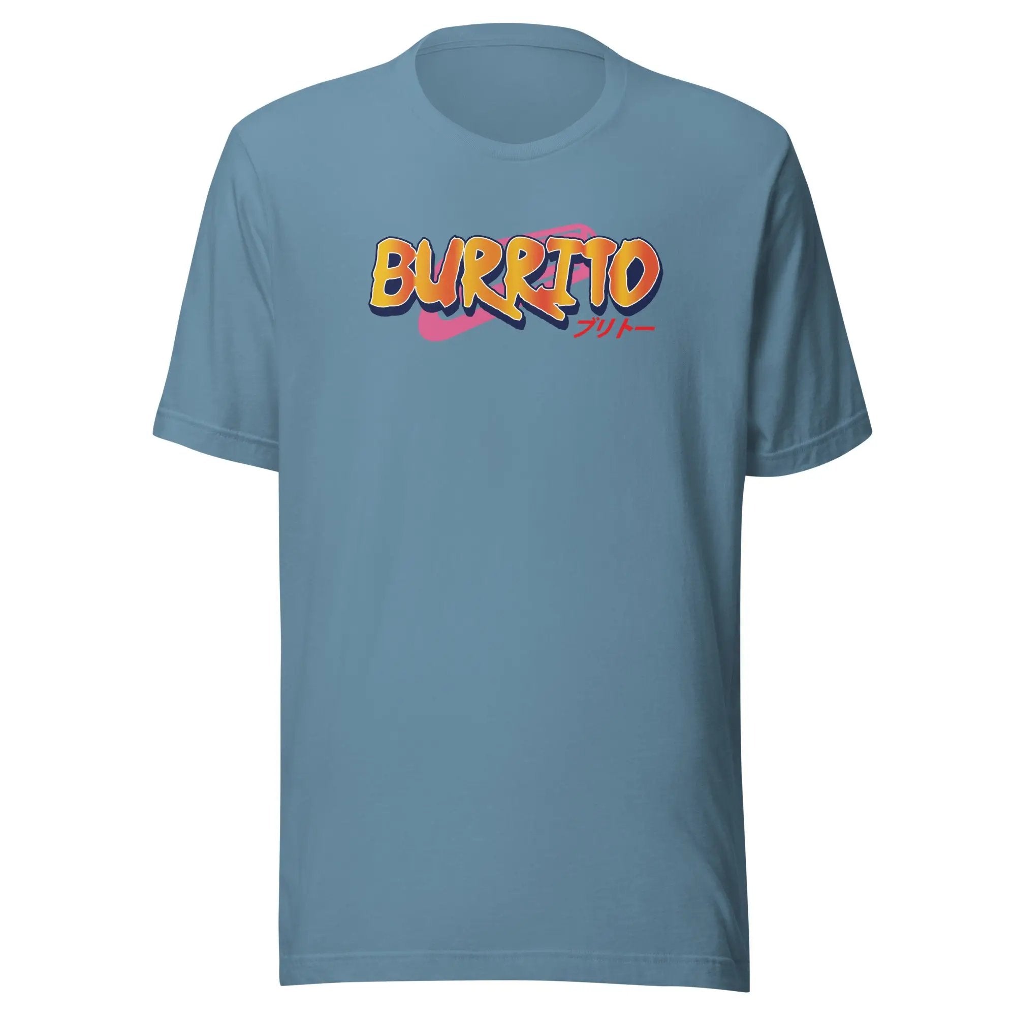 a blue t - shirt with the word burrito printed on it
