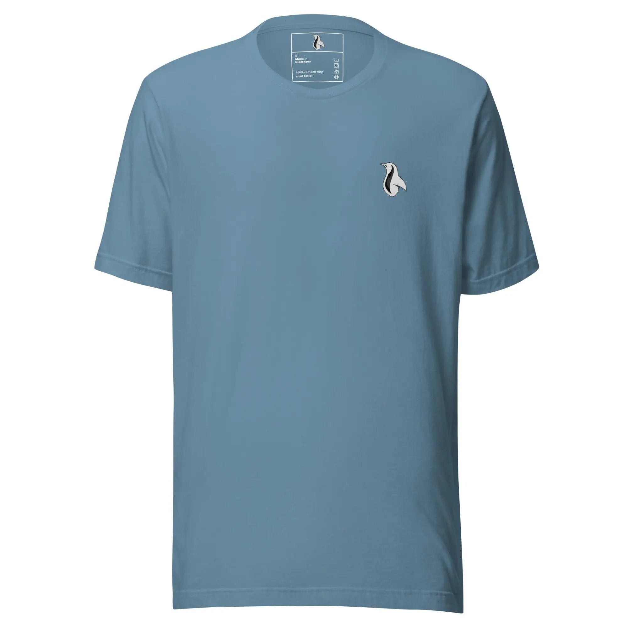 a blue t - shirt with a white bird on it