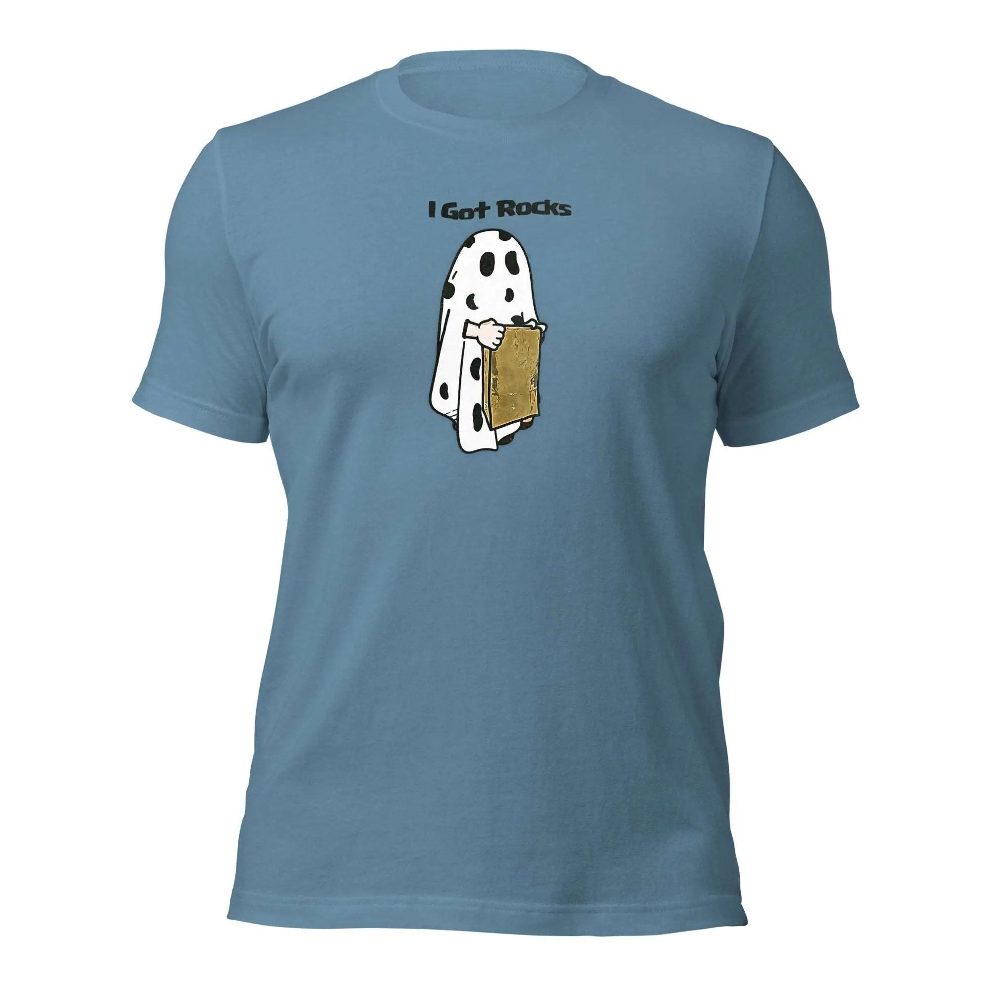 a blue t - shirt with a picture of a dog holding a piece of bread