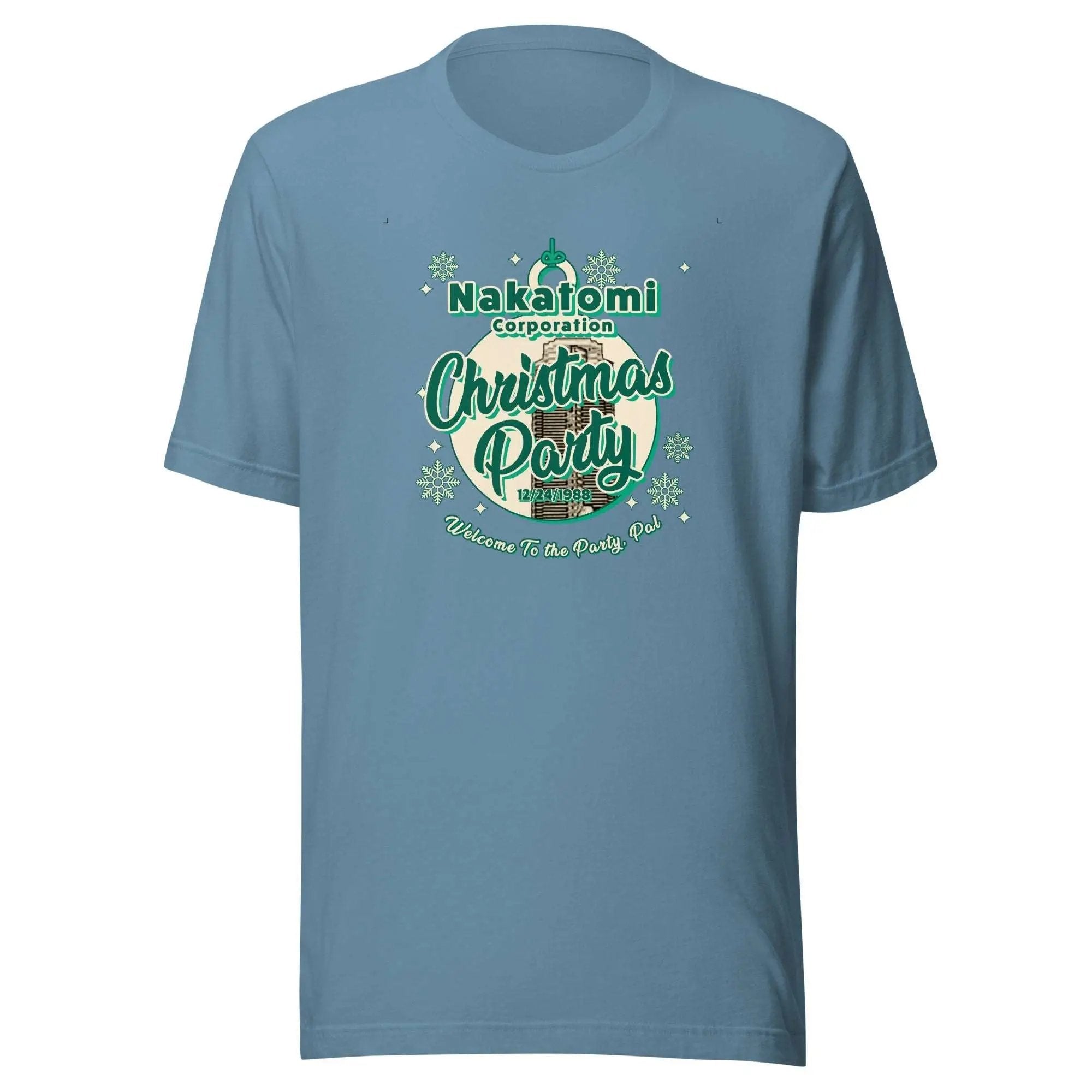 a blue t - shirt with a christmas party design