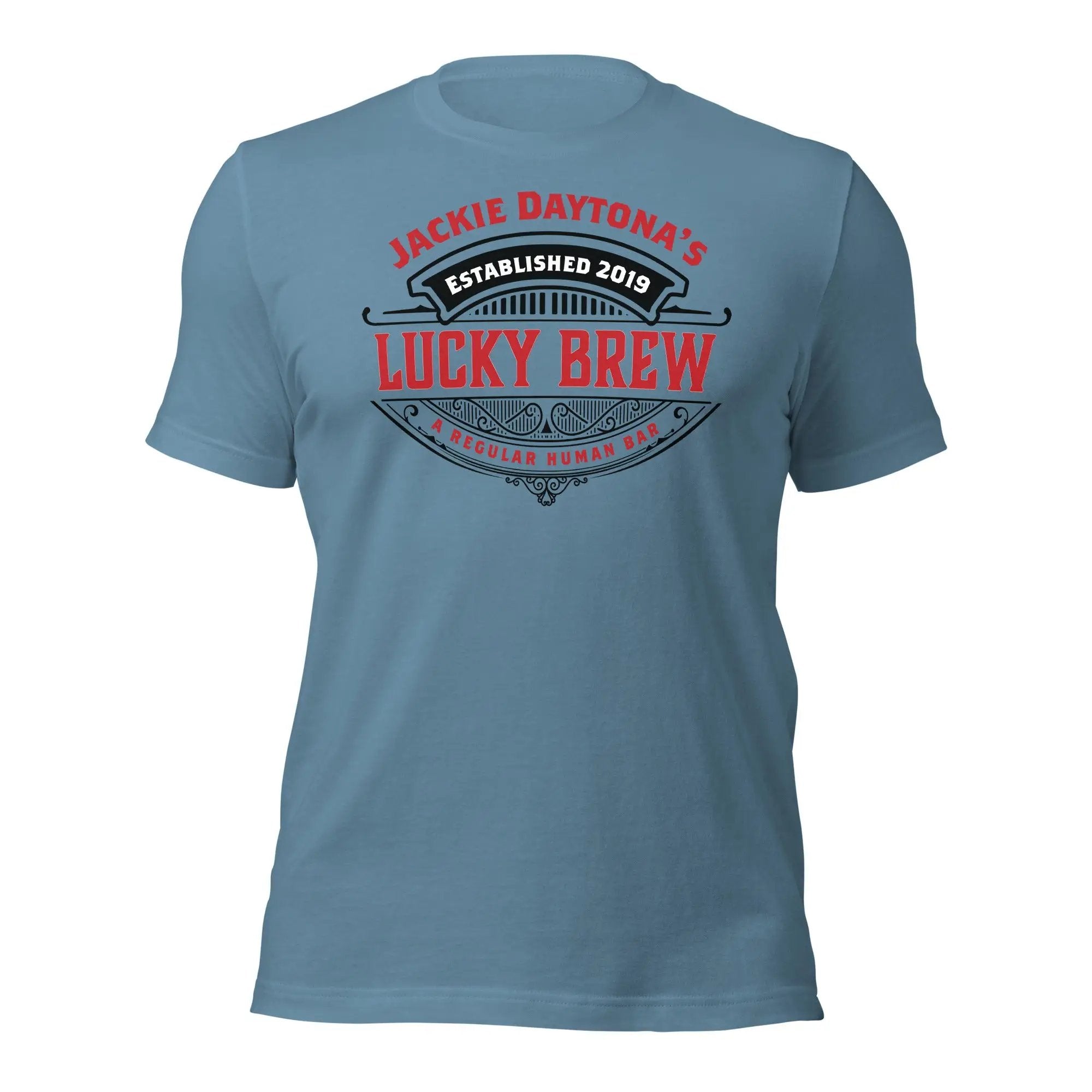 a blue t - shirt with the words lucky brew on it