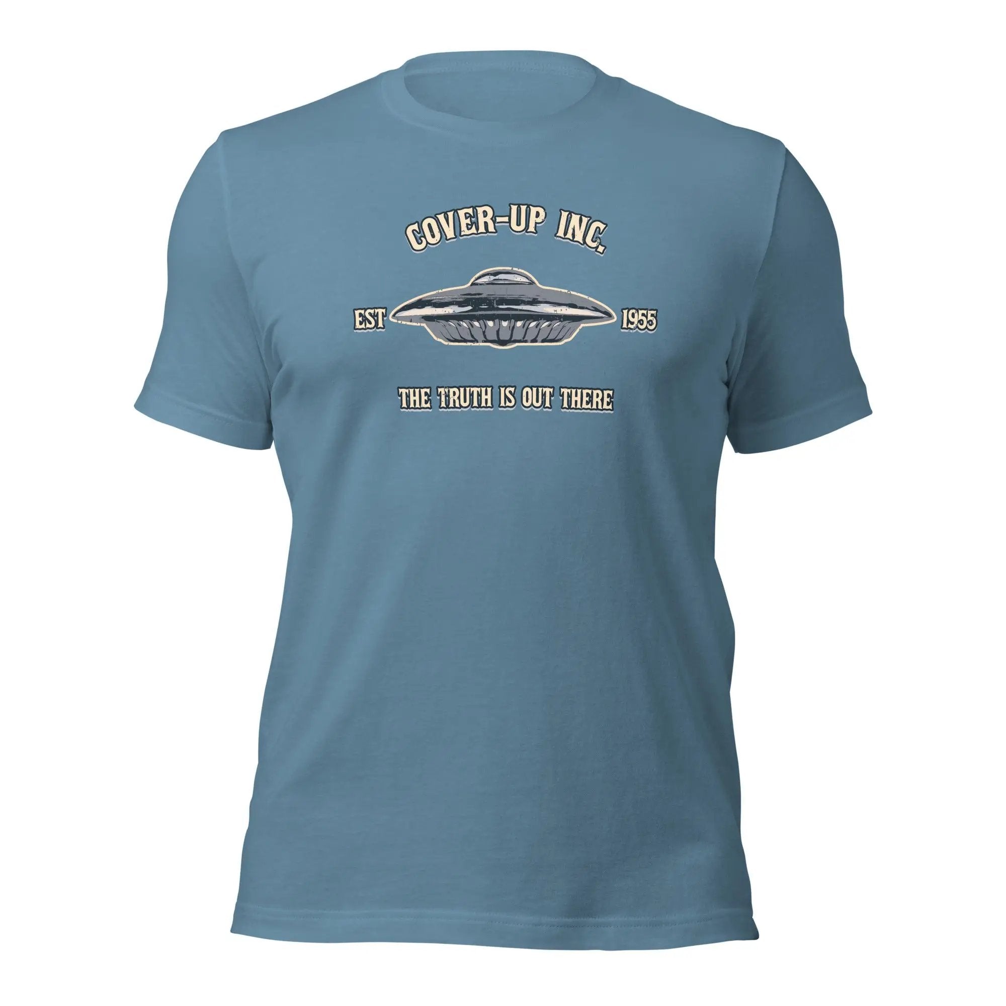 a blue t - shirt with the words cover up inc on it