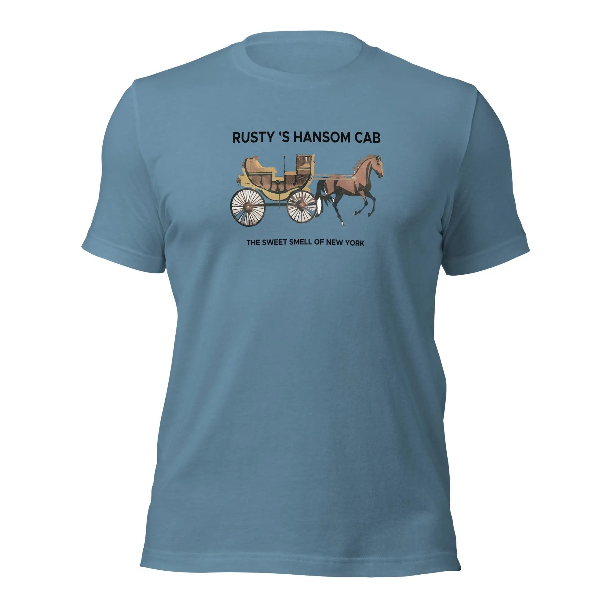 a blue t - shirt with a horse drawn carriage