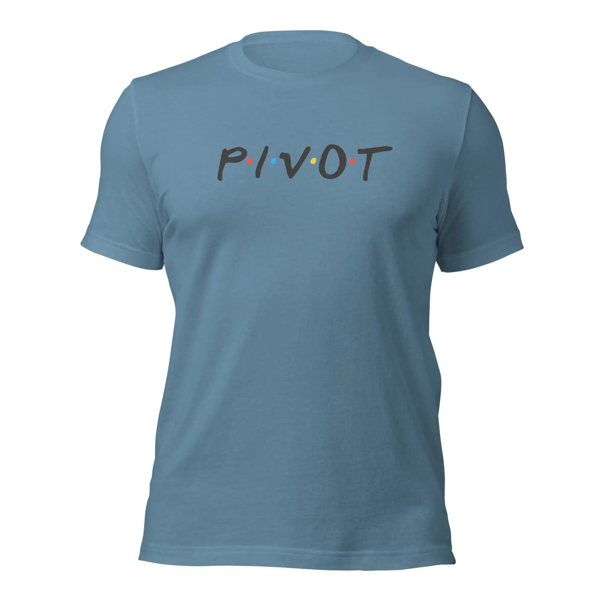 a blue t - shirt with the word pivot printed on it