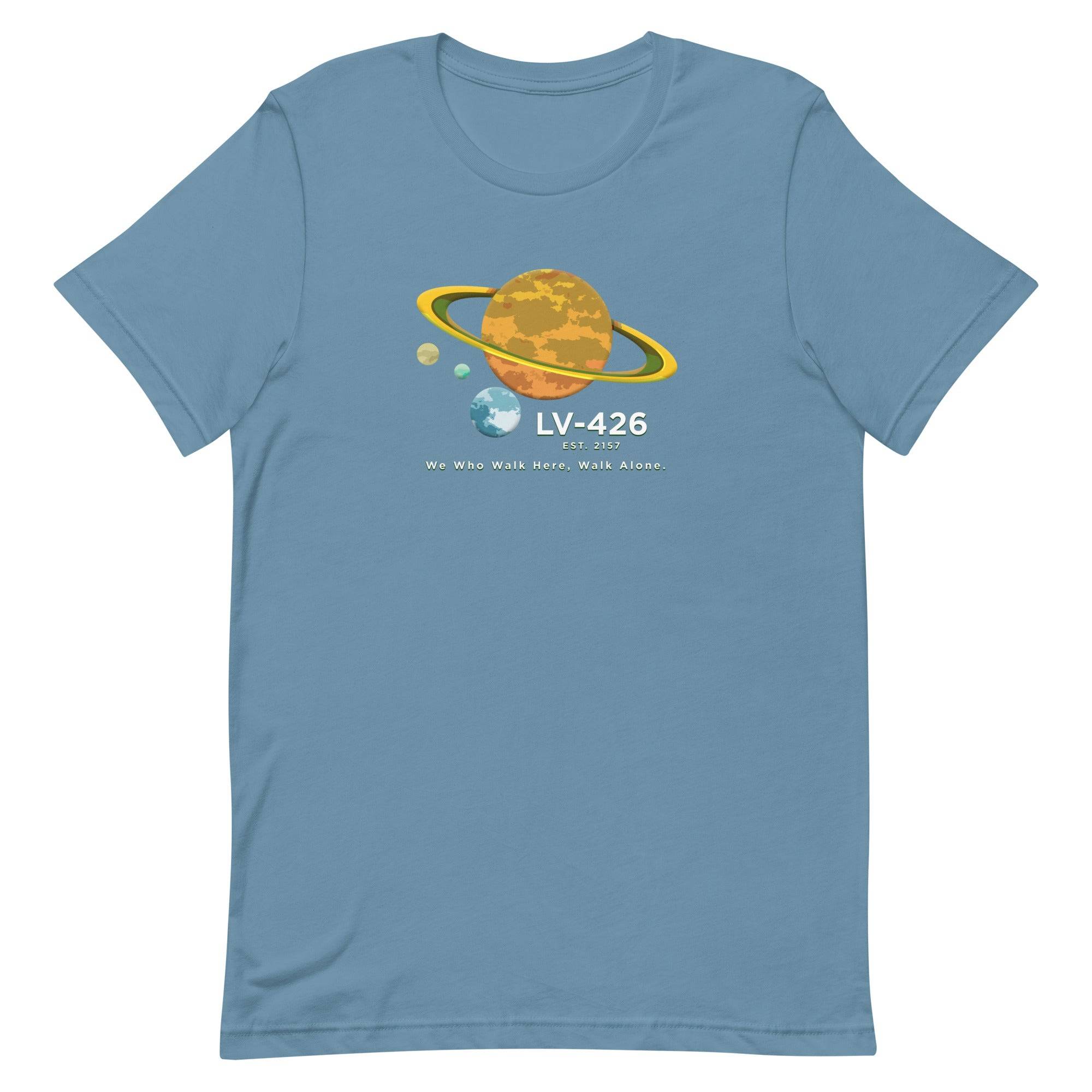 a blue t - shirt with an image of the planet and saturn