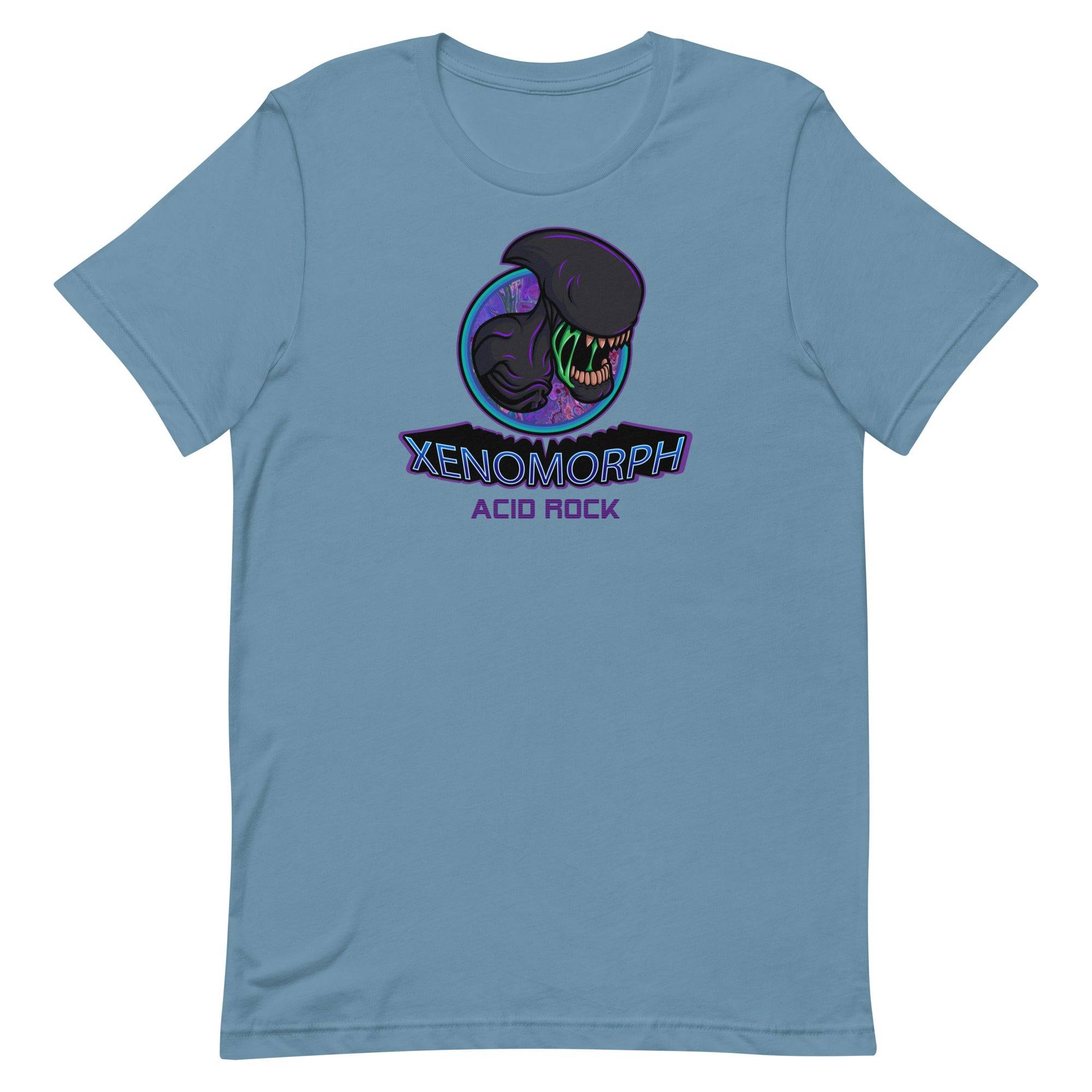 a blue t - shirt with the words xenomorph and an alien