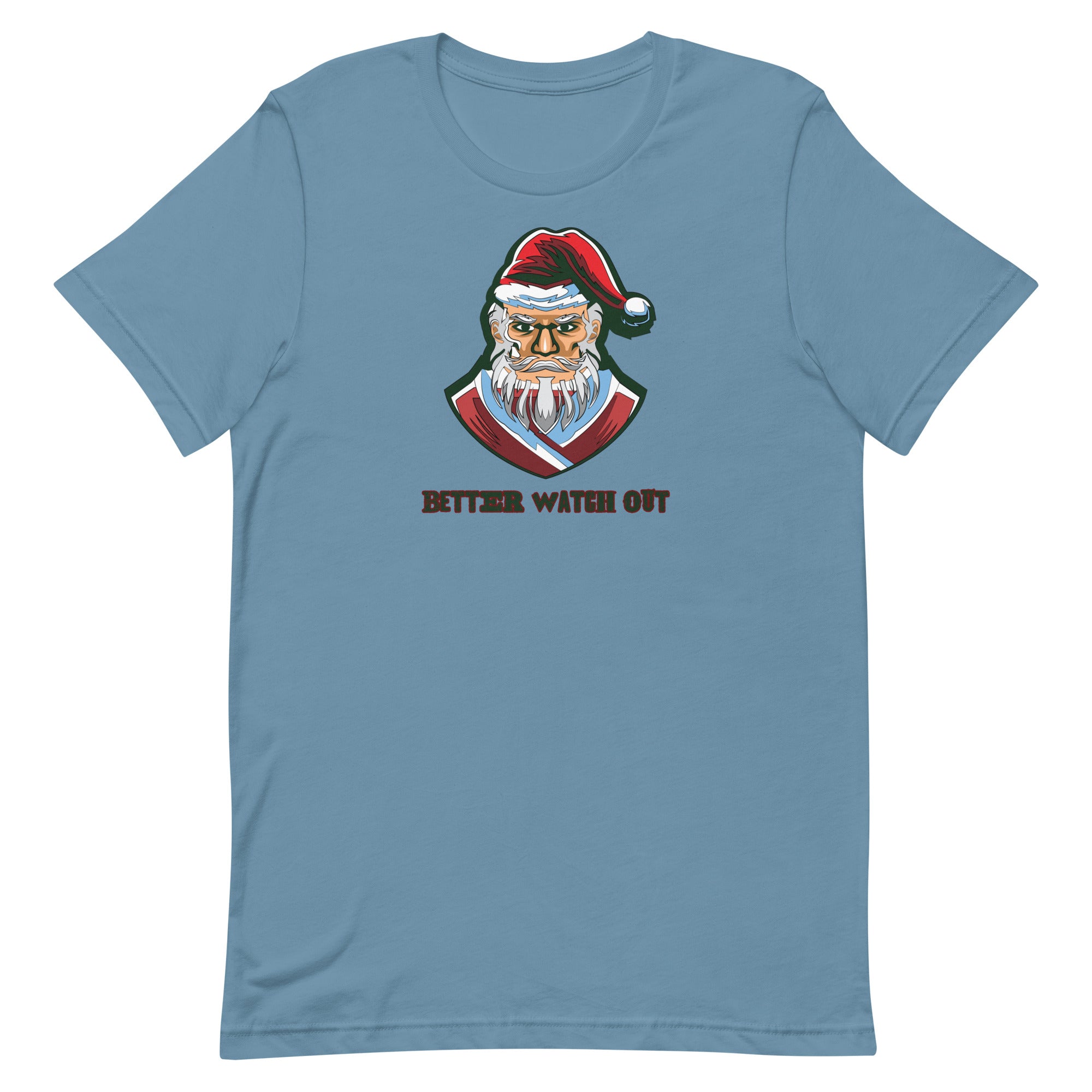 a blue t - shirt with a santa clause on it