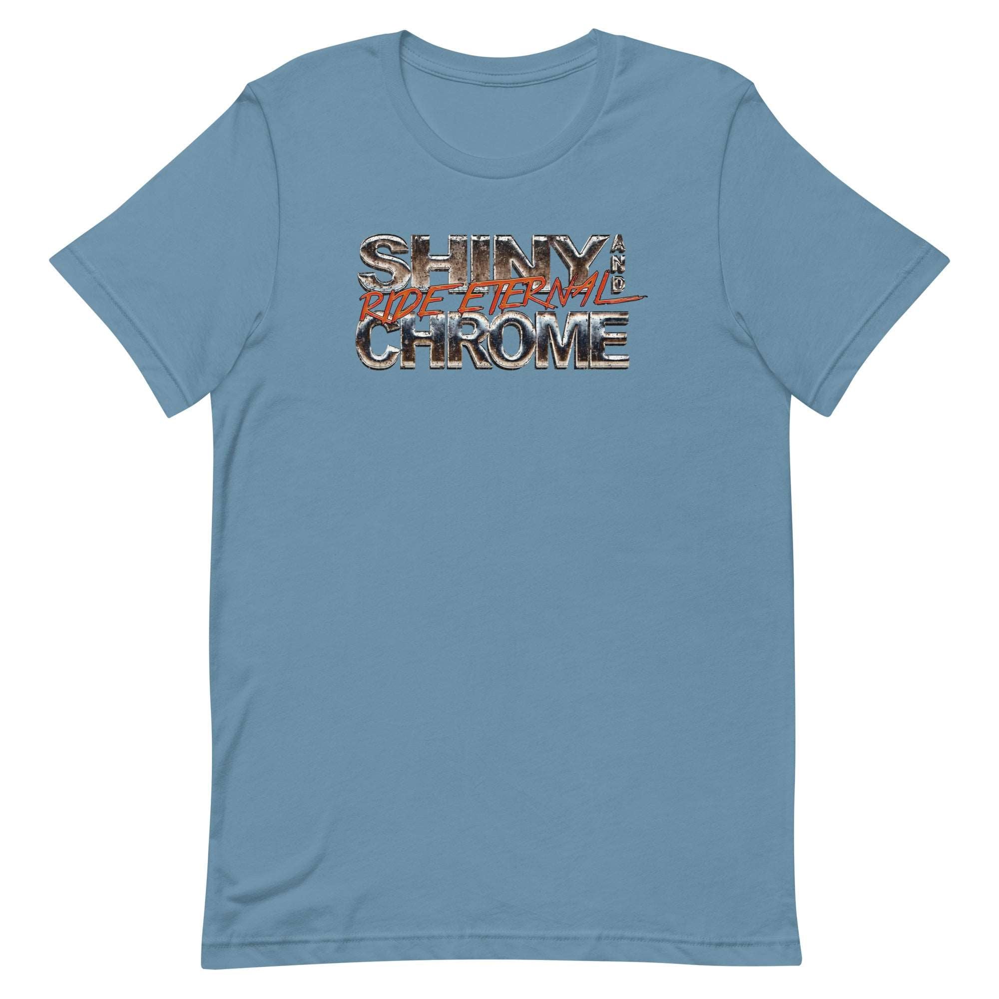 a blue shirt with the words shiny chrome on it