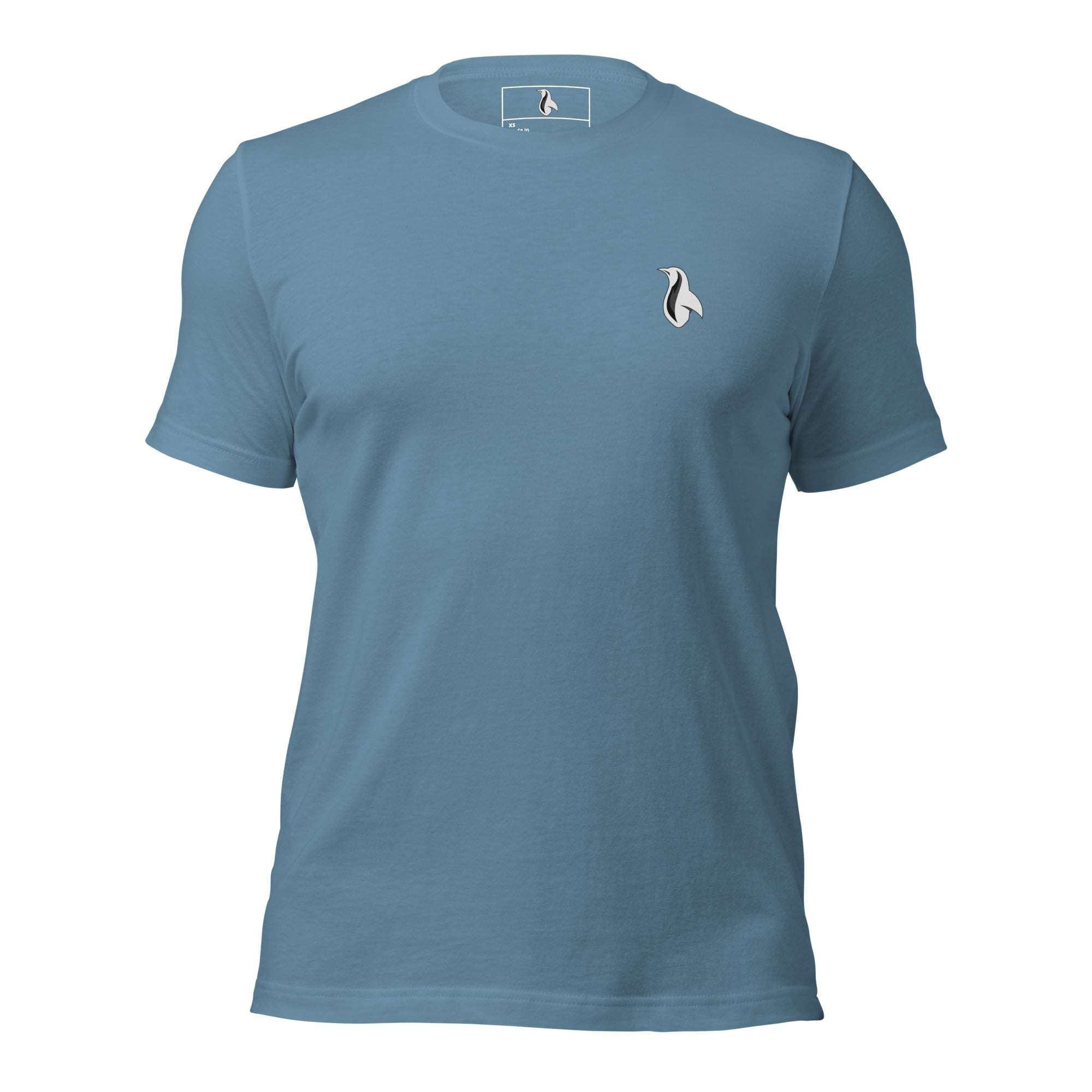 a light blue t - shirt with a small penguin on the front