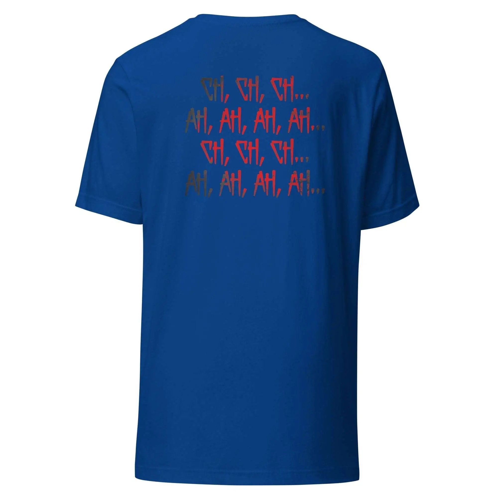 a blue t - shirt with red writing on it
