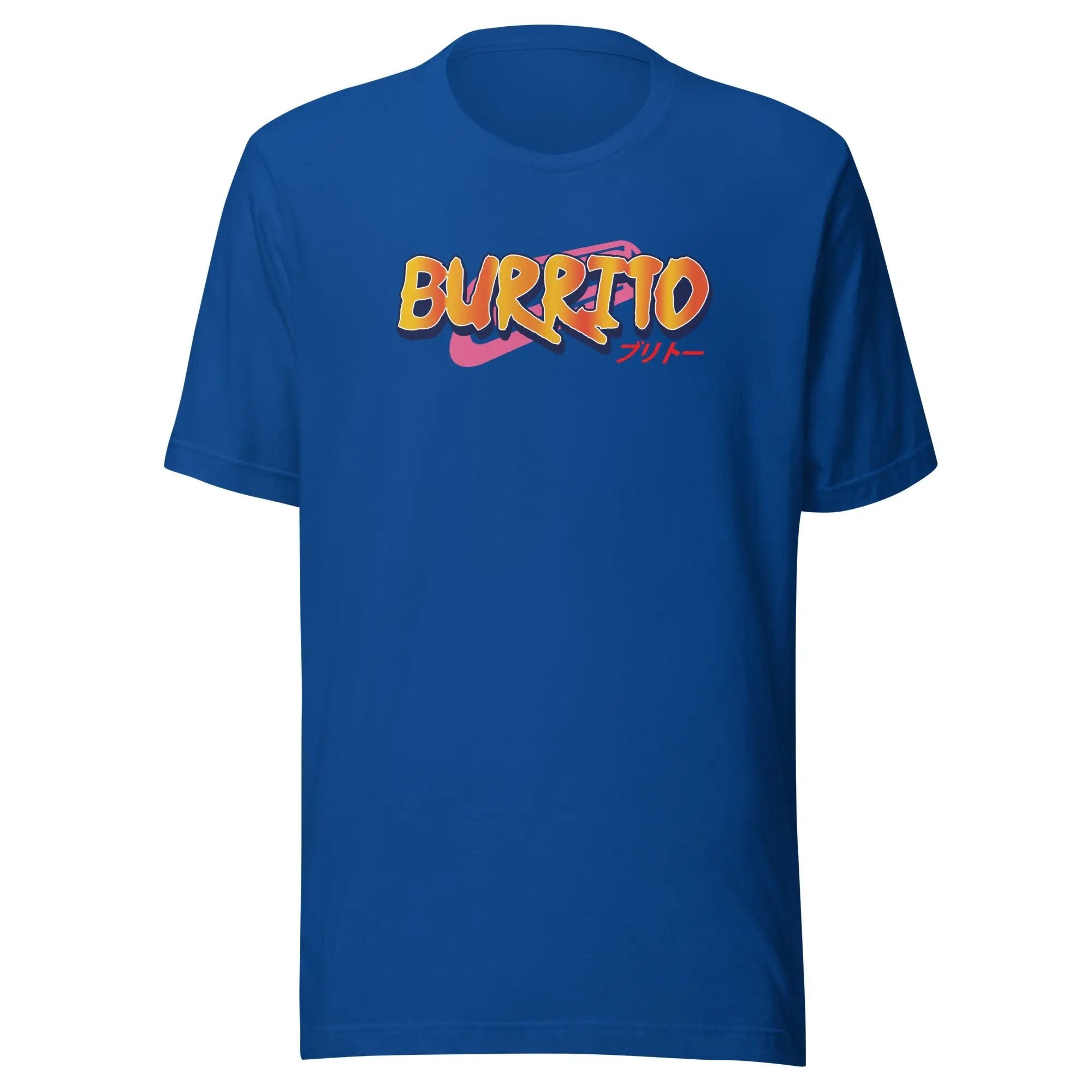 a blue t - shirt with the word burrito printed on it