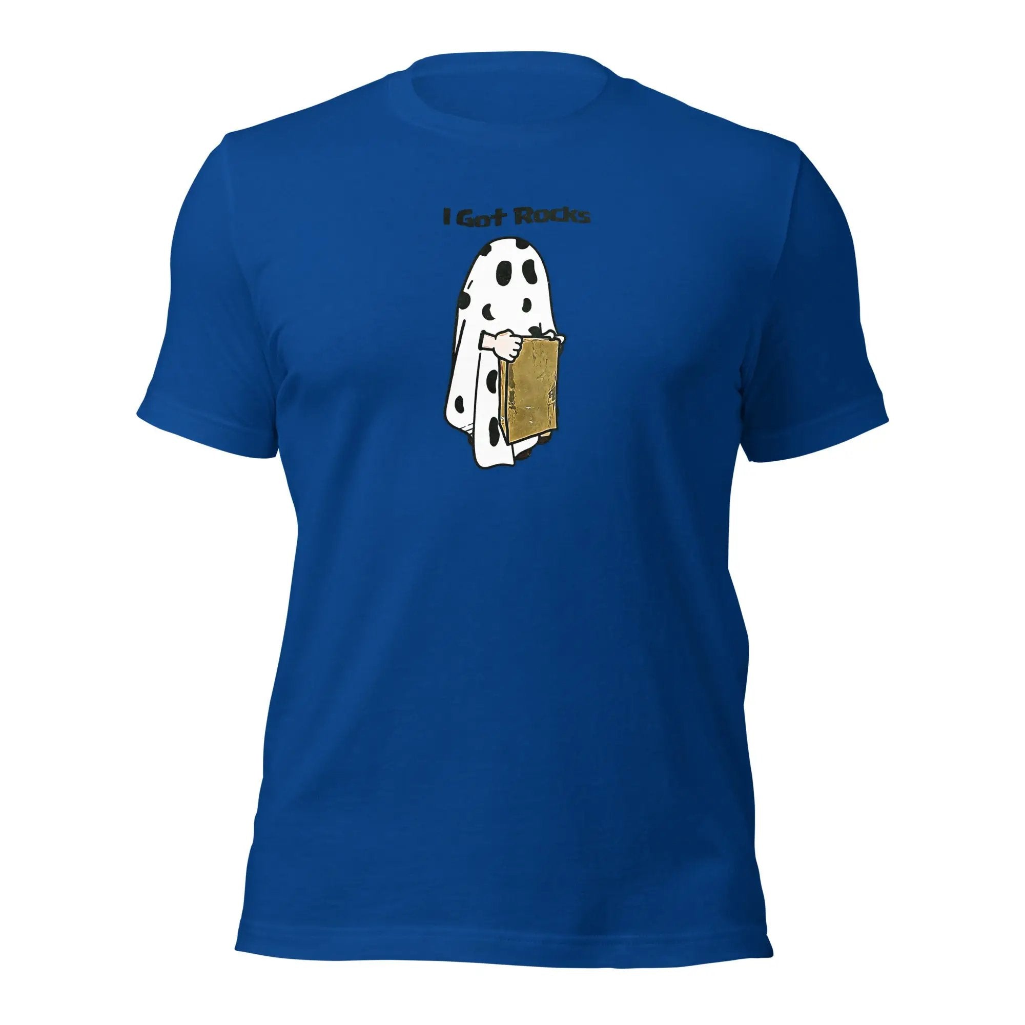 a blue t - shirt with a picture of a dog in a pocket