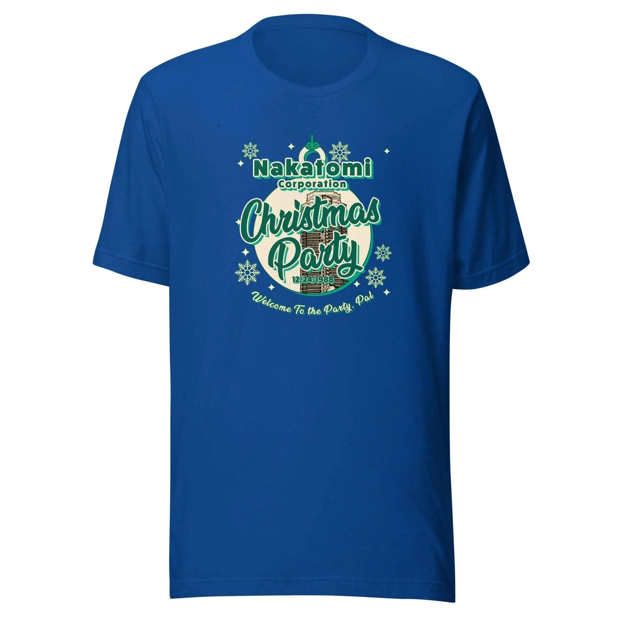 a blue t - shirt with a christmas party design