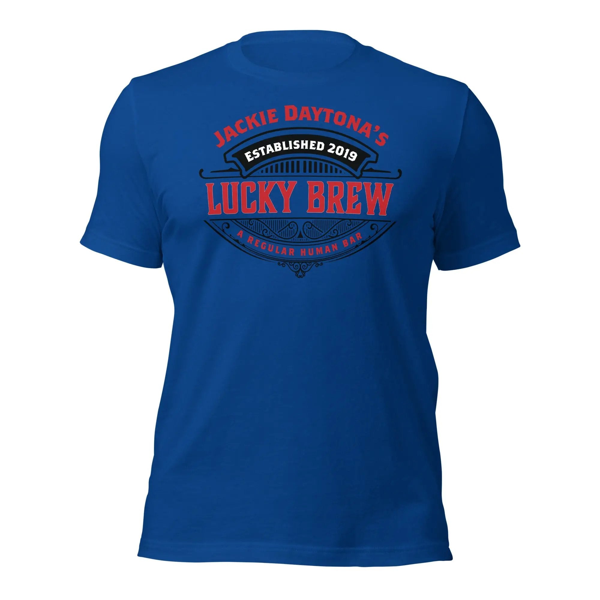 a blue t - shirt with the words lucky brew on it