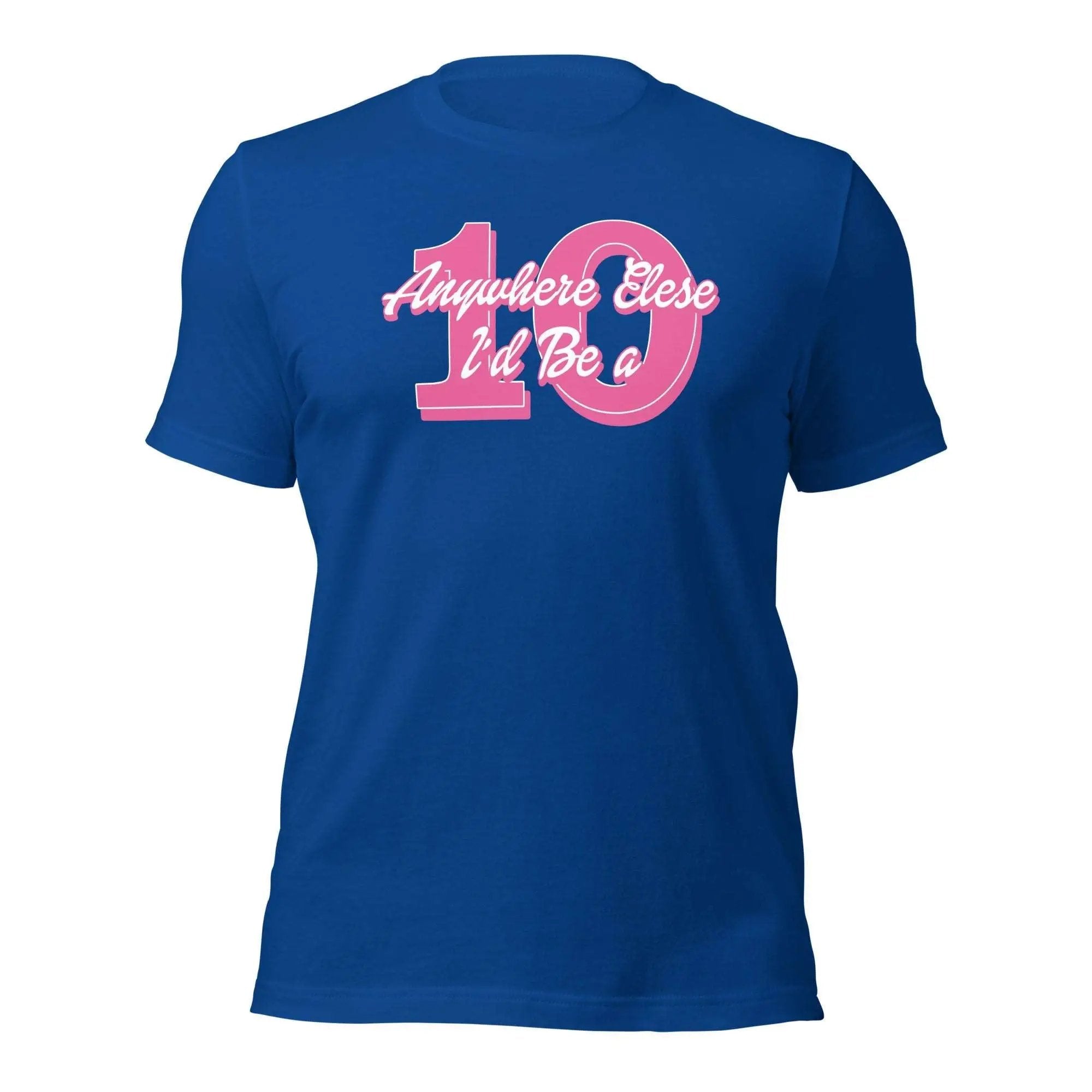 a blue t - shirt with the number forty and pink lettering