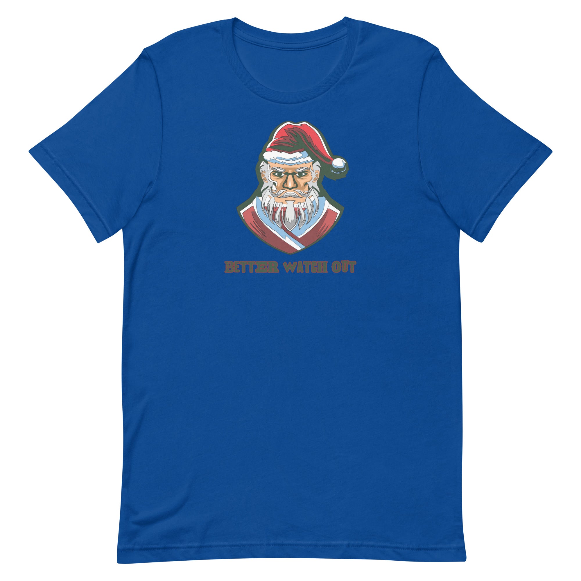 a blue t - shirt with an image of a santa clause