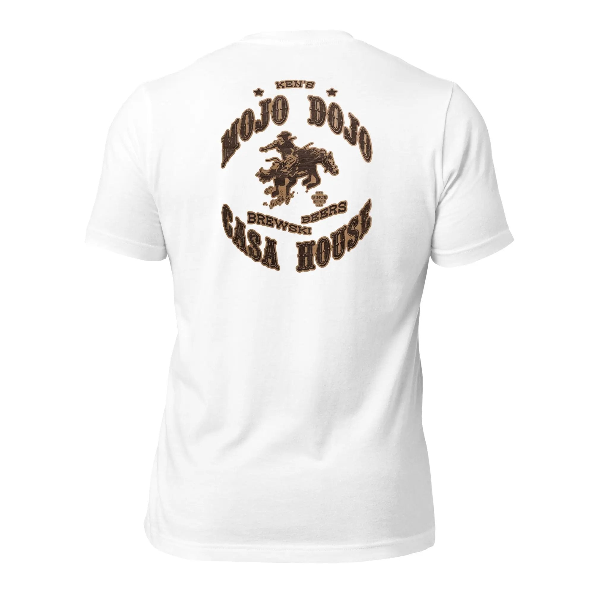the back of a white t - shirt with an image of a horse on it