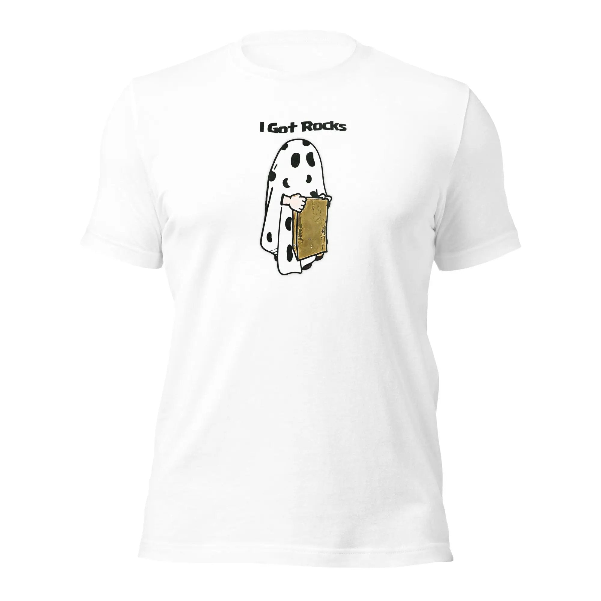 a white t - shirt with a picture of a dog holding a piece of bread