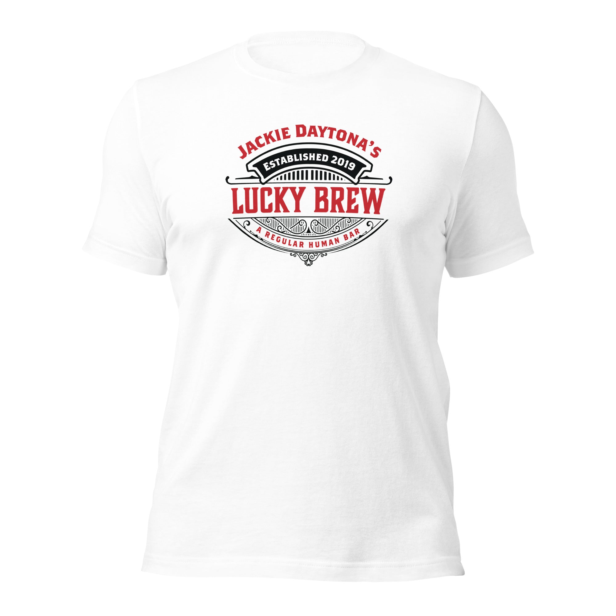 a white t - shirt with the words lucky brew on it