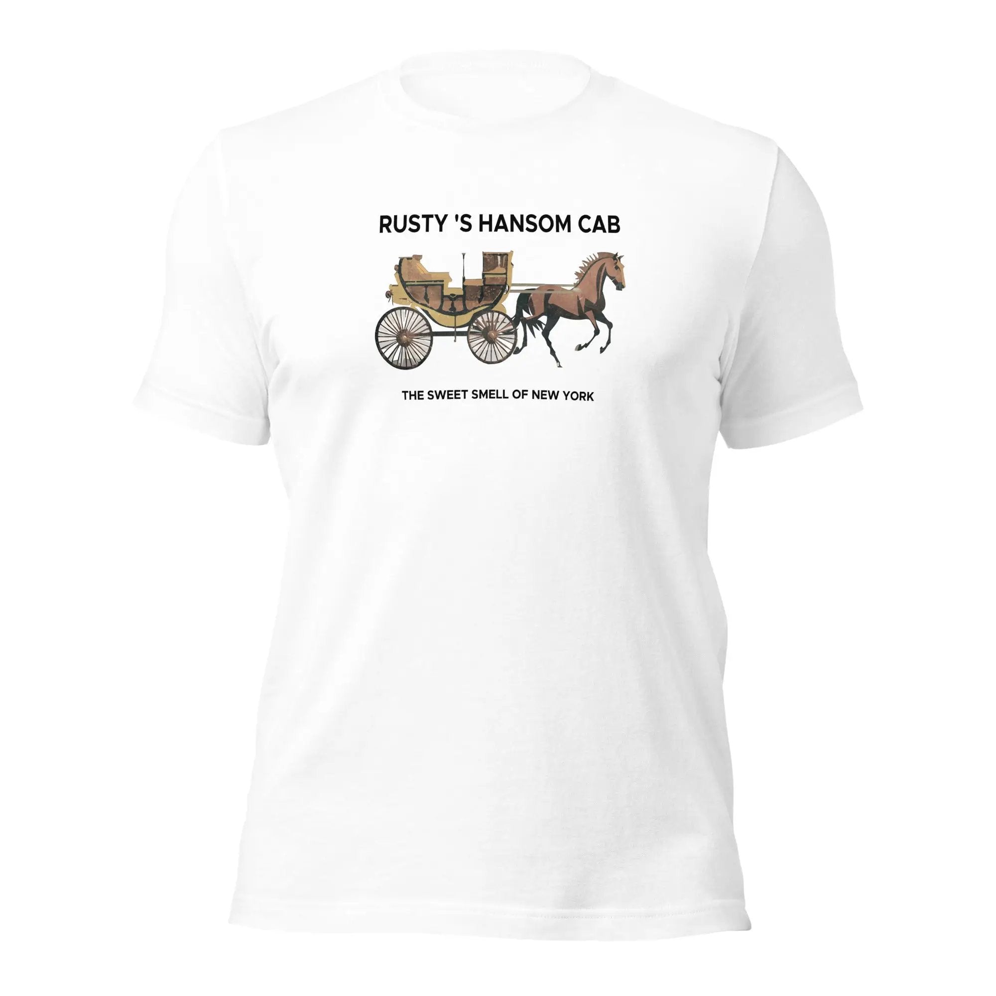 a white t - shirt with a horse drawn carriage