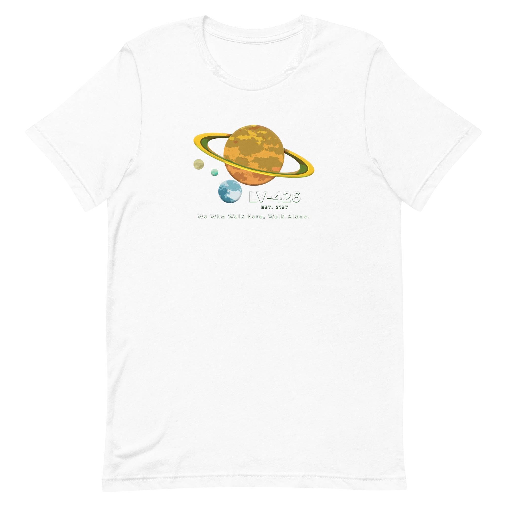 a white t - shirt with an image of the planets and the sun