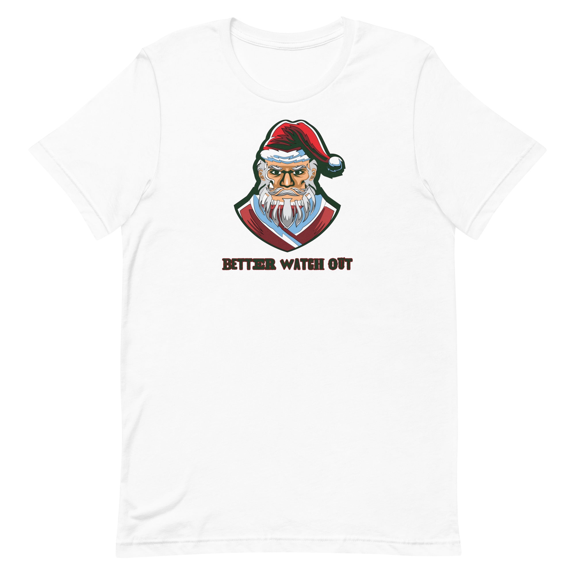 a white t - shirt with an image of a santa clause