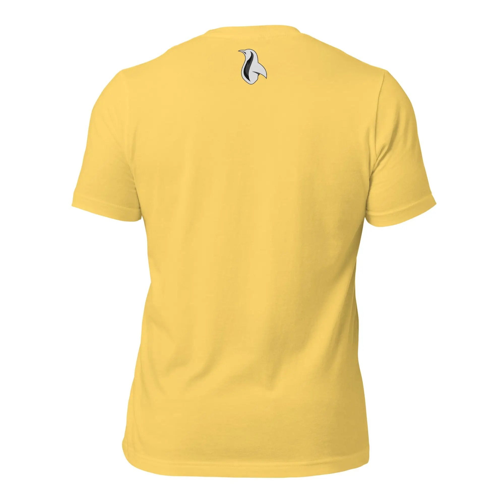 the back of a yellow shirt with a penguin on it