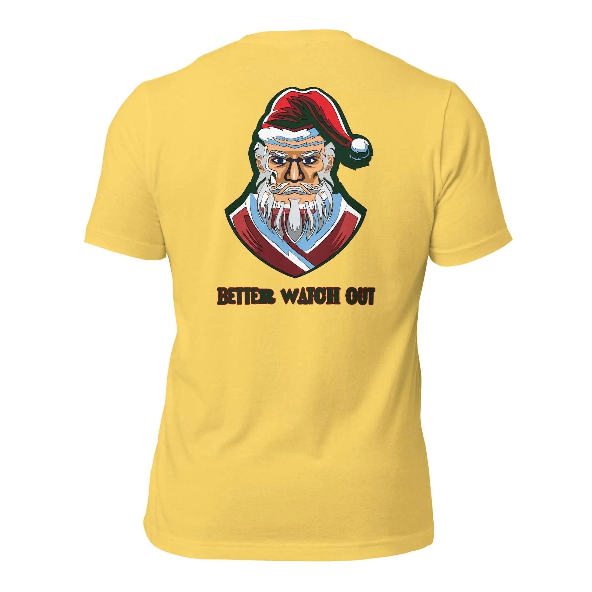 a yellow t - shirt with a santa clause on it