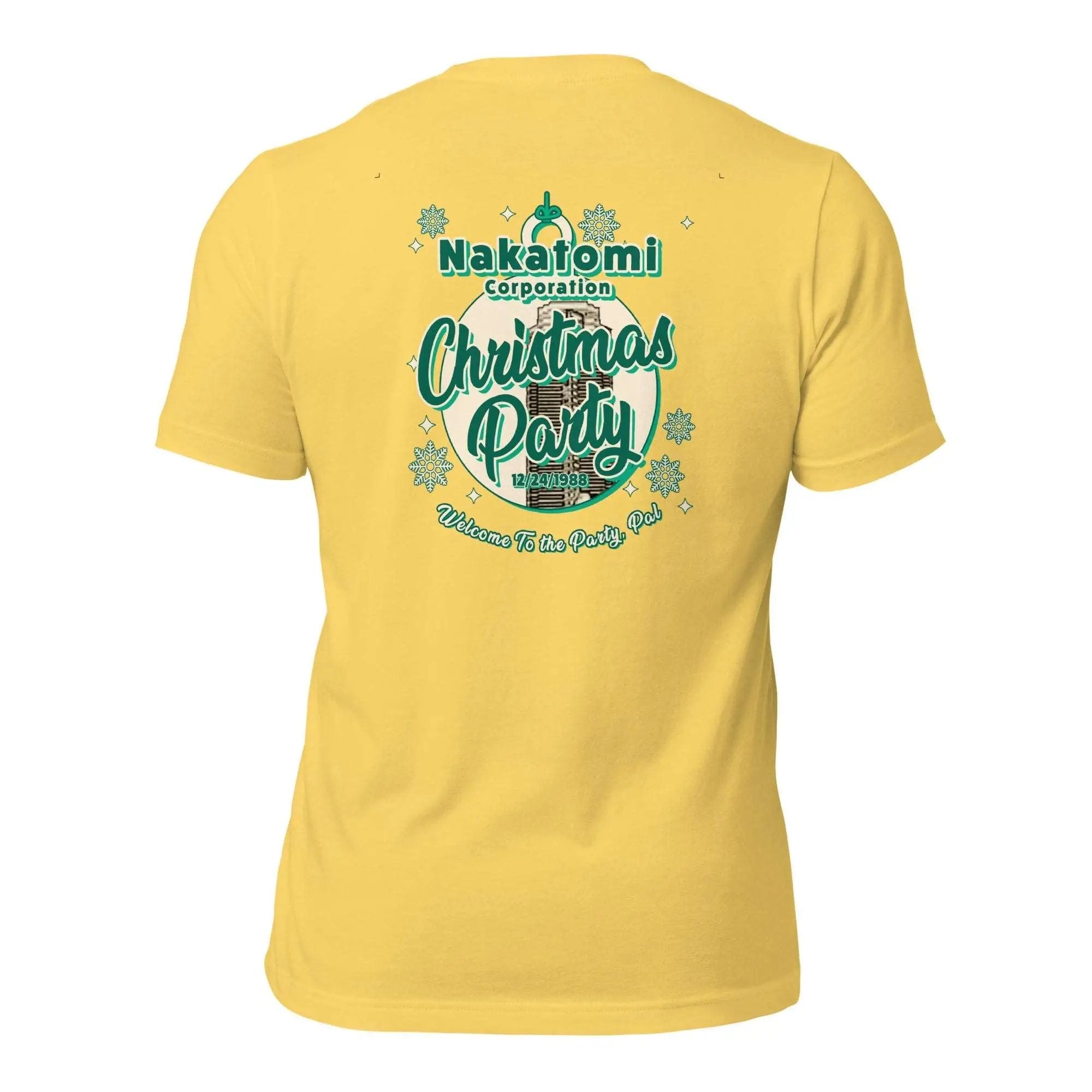 a women's yellow t - shirt with the words christmas party on it
