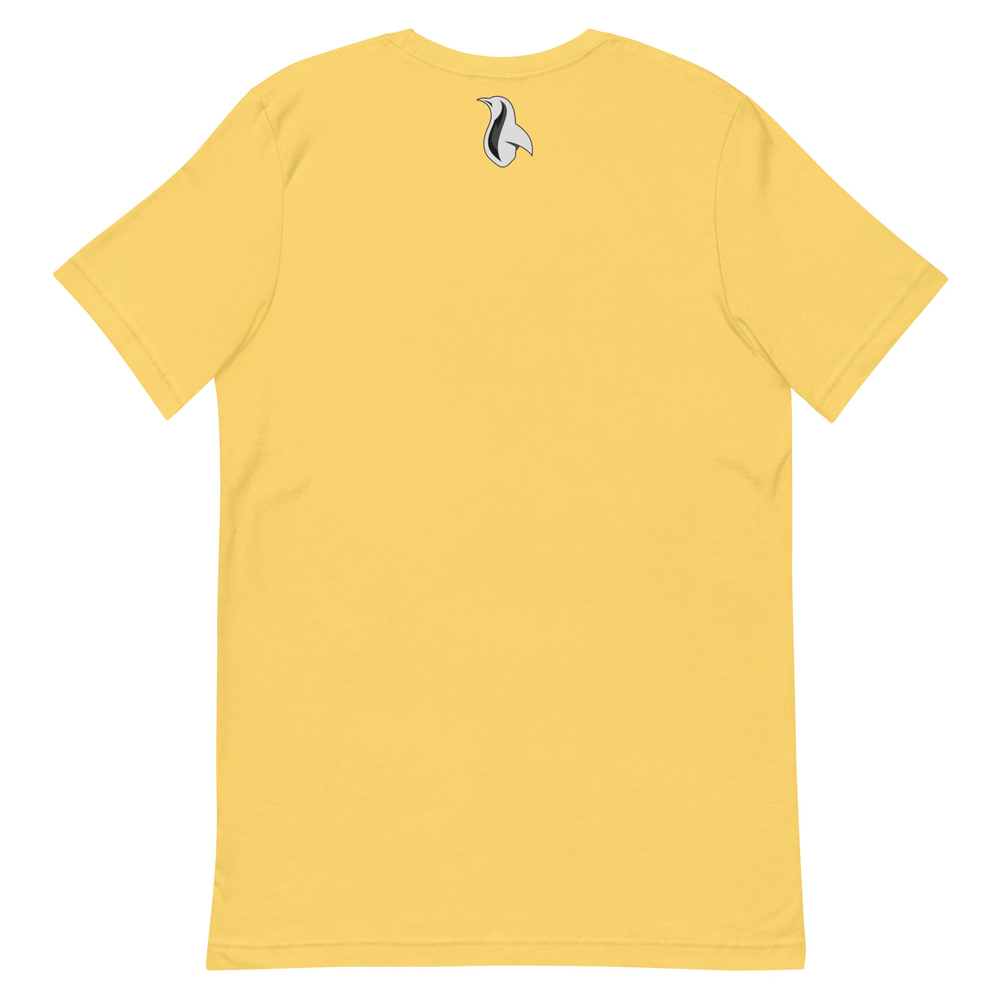 a yellow t - shirt with a black and white bird on it