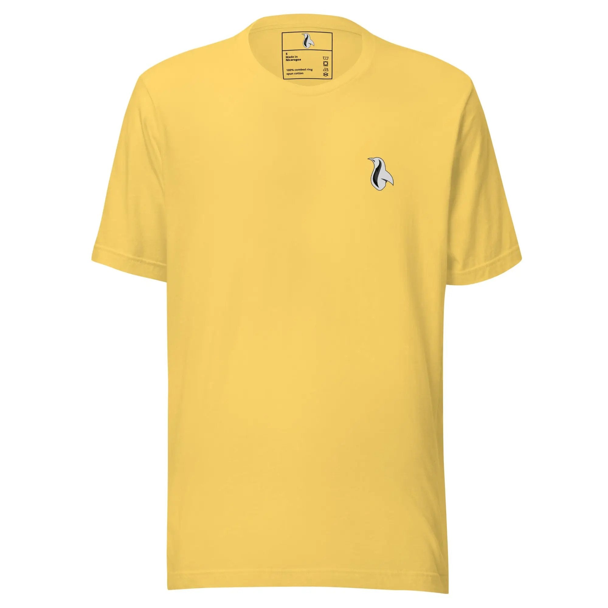 a yellow t - shirt with a small bird on it
