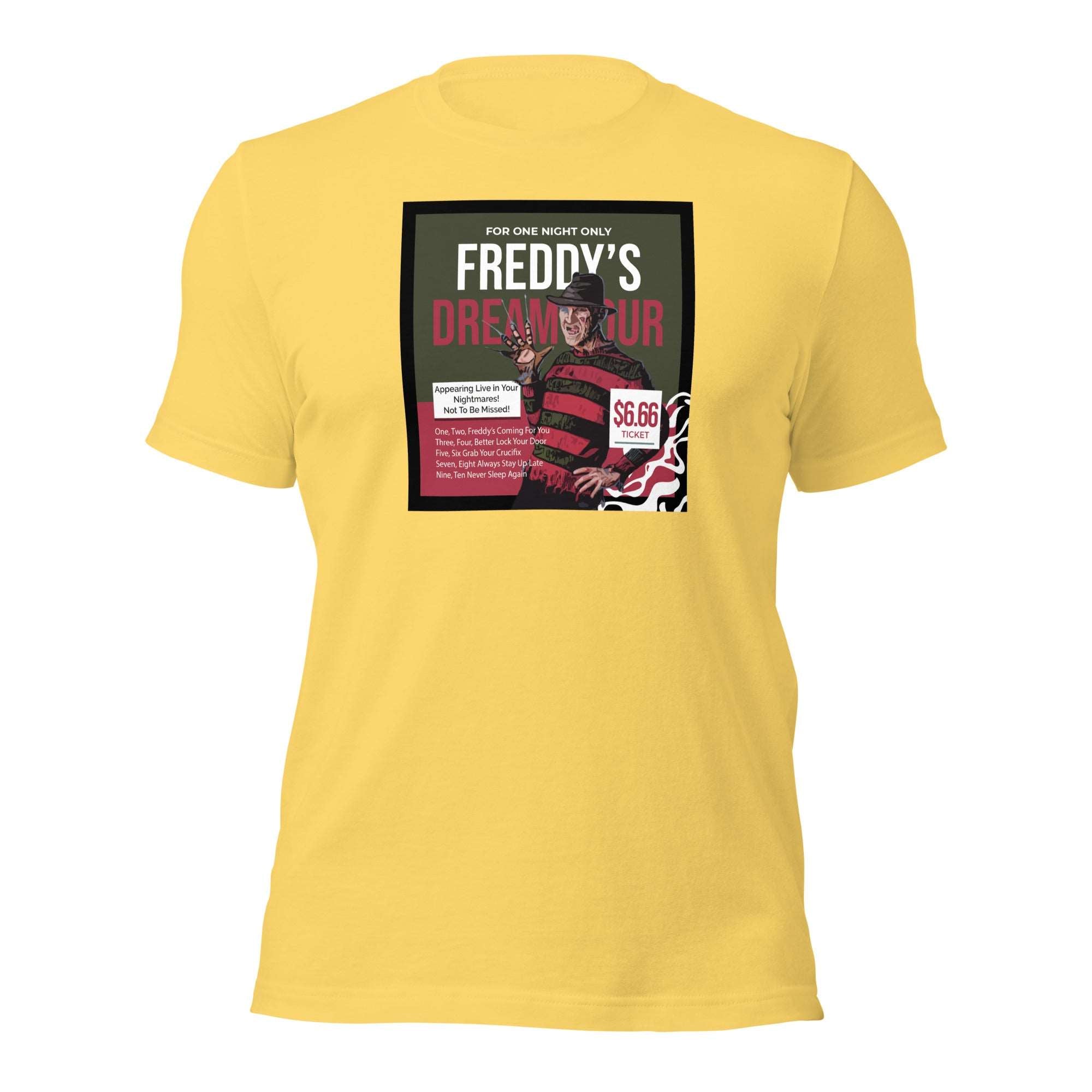 a yellow t - shirt with a picture of a woman's face