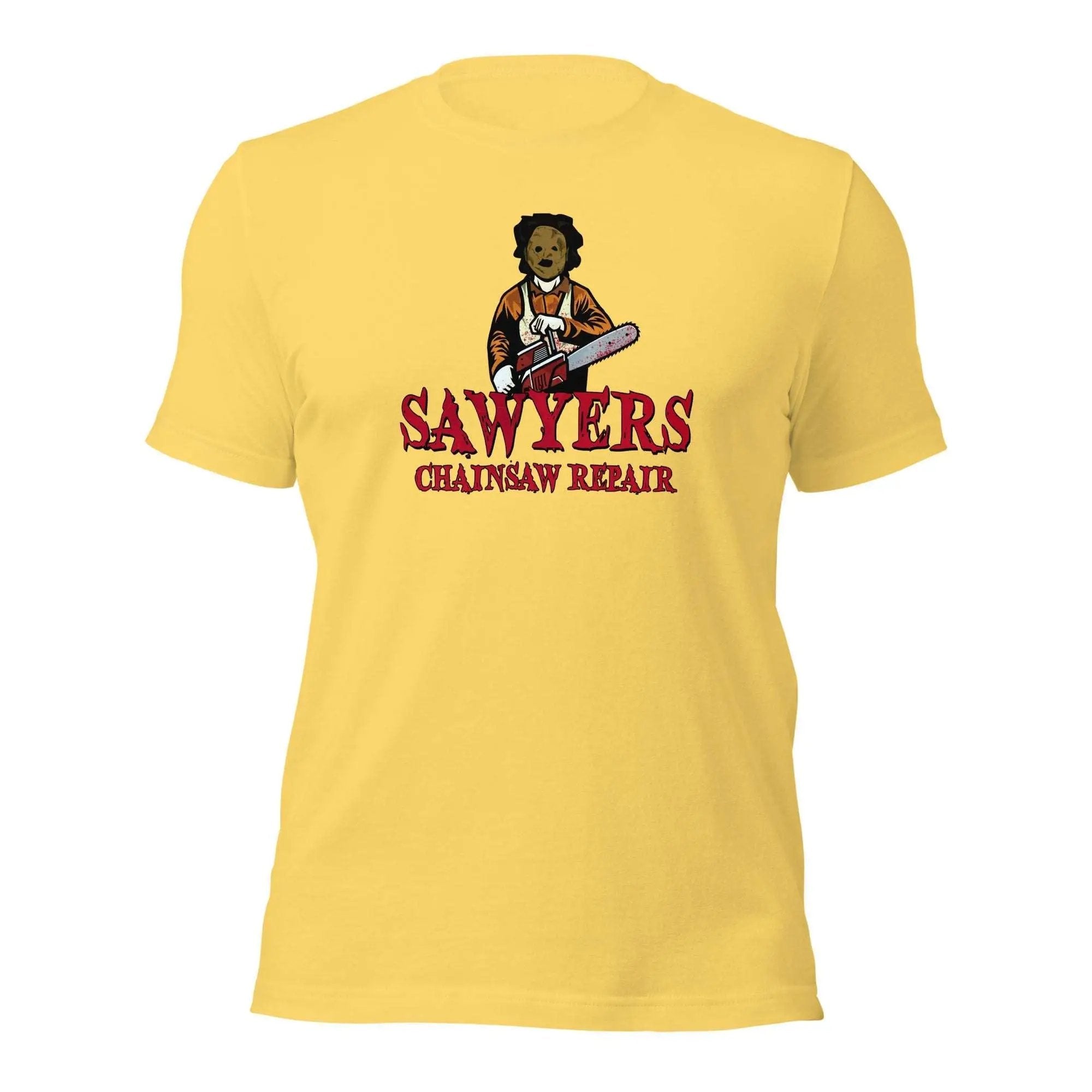a yellow t - shirt with a picture of a man holding a frisbee