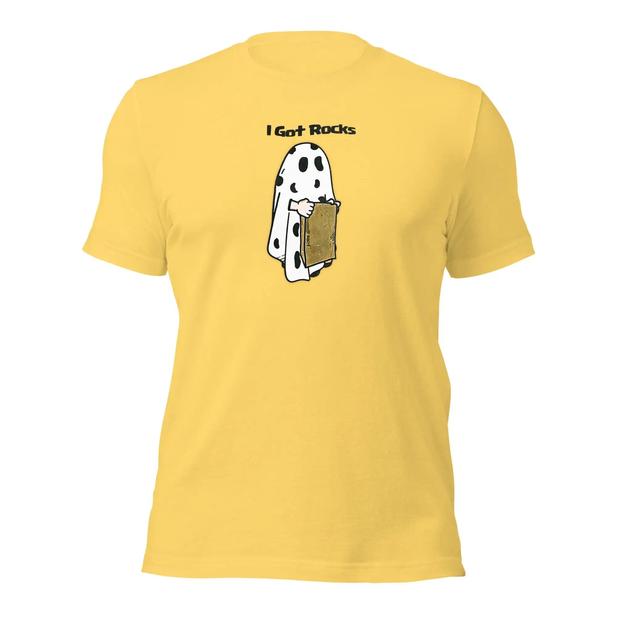 a yellow t - shirt with a picture of a dog in a pocket