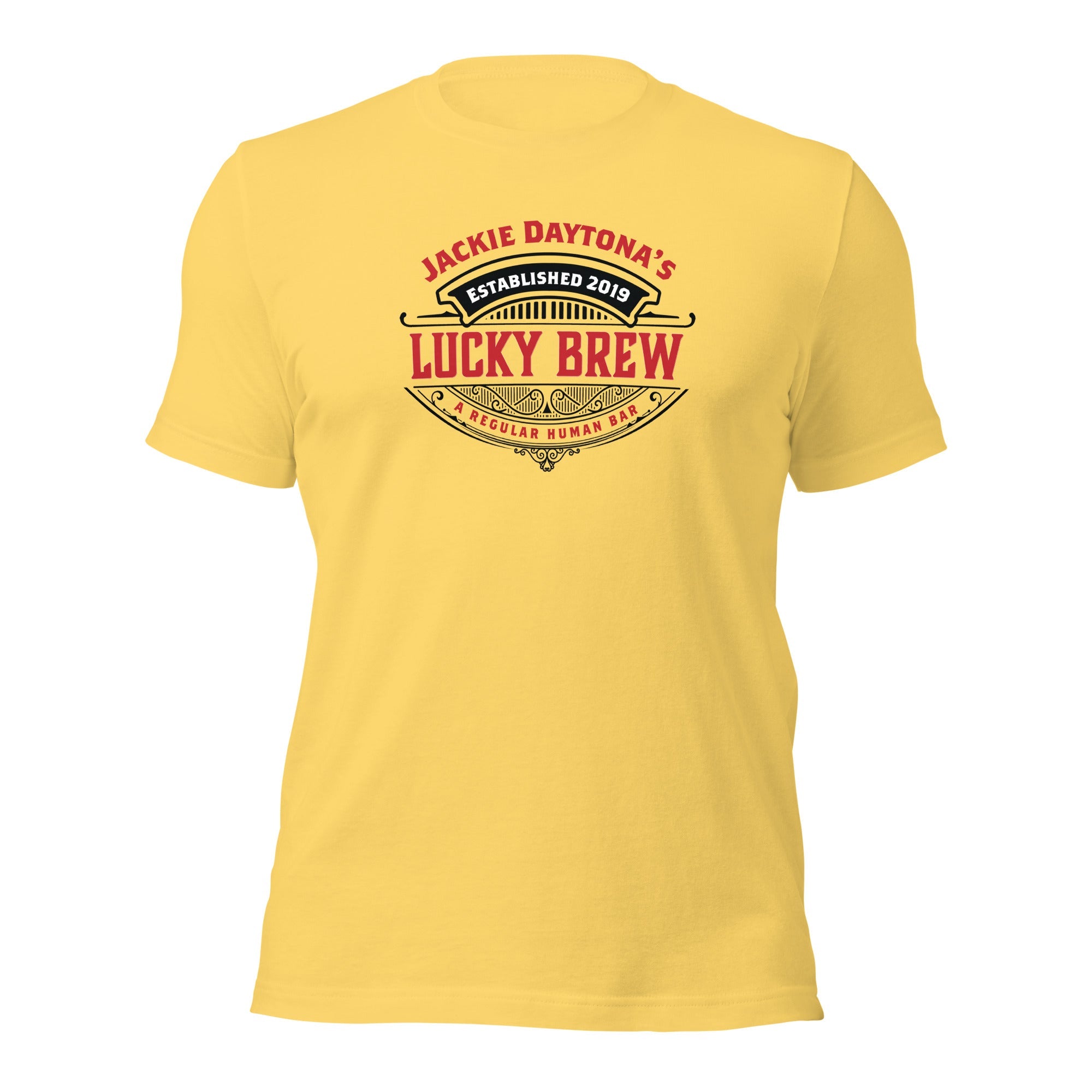a yellow t - shirt with the words lucky brew on it