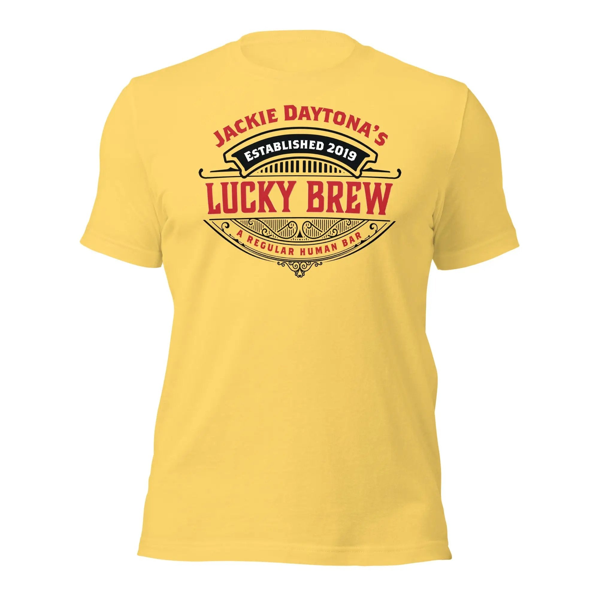 a yellow t - shirt with the words lucky brew on it