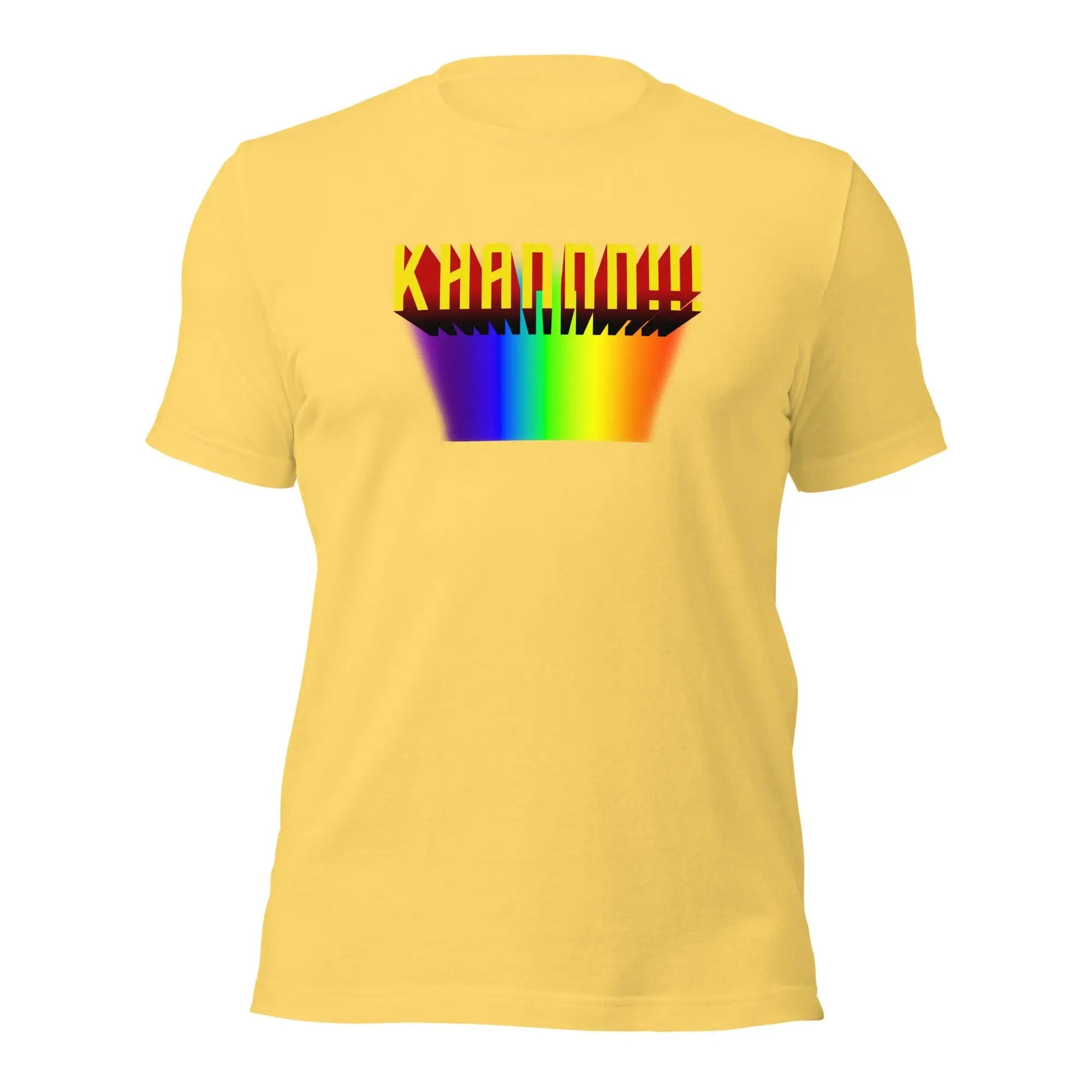 a yellow t - shirt with a rainbow design on it