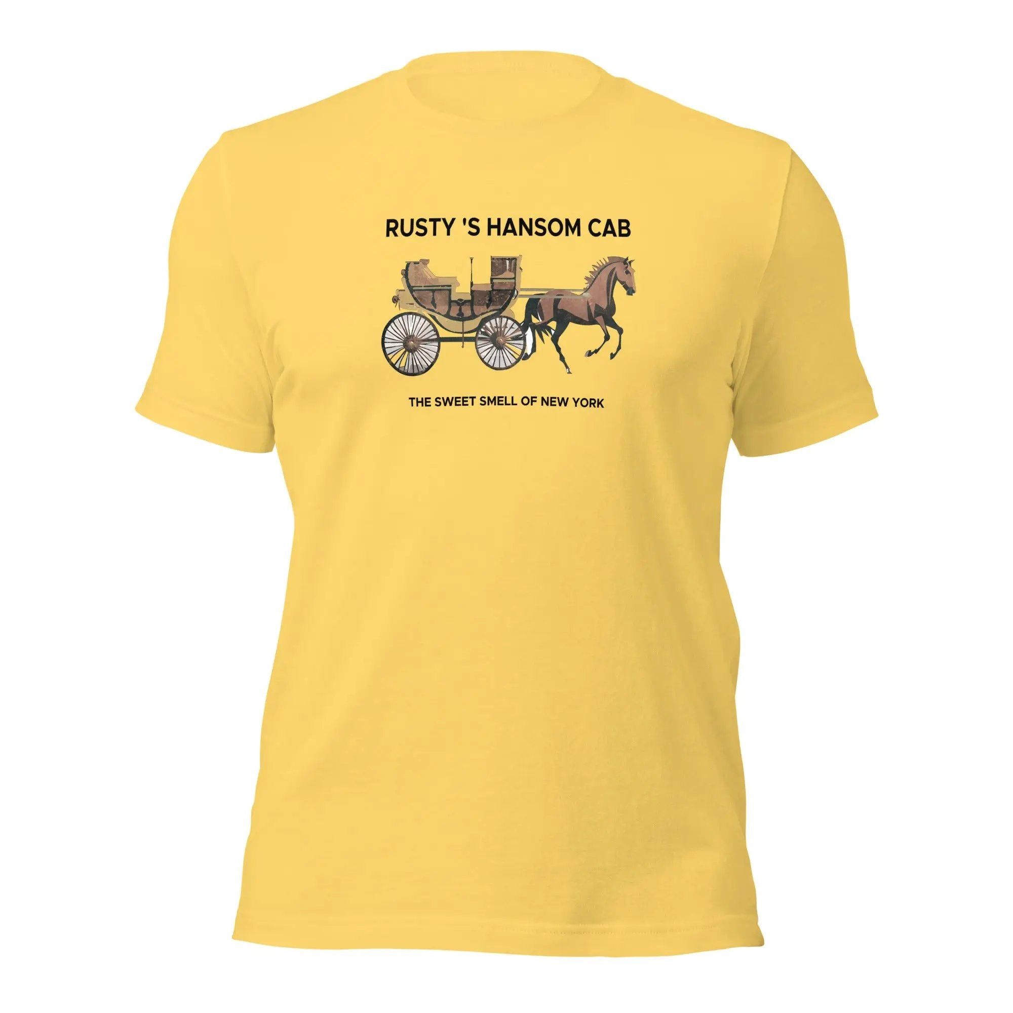 a yellow t - shirt with a horse drawn carriage