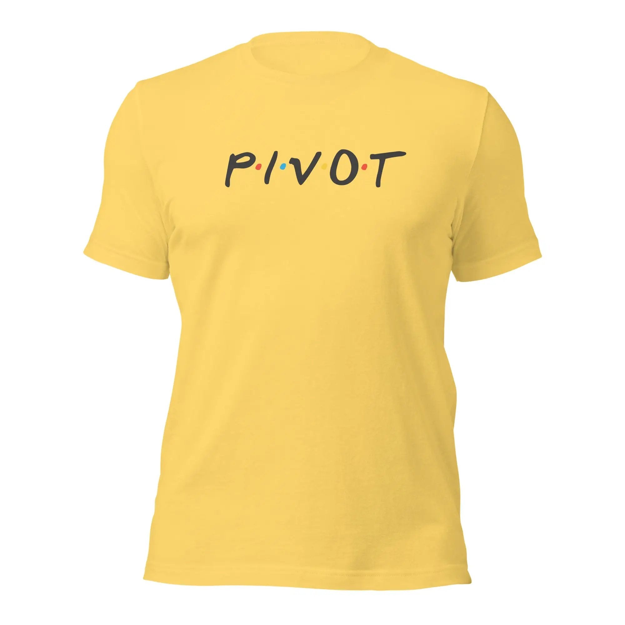a yellow t - shirt with the word pivot printed on it