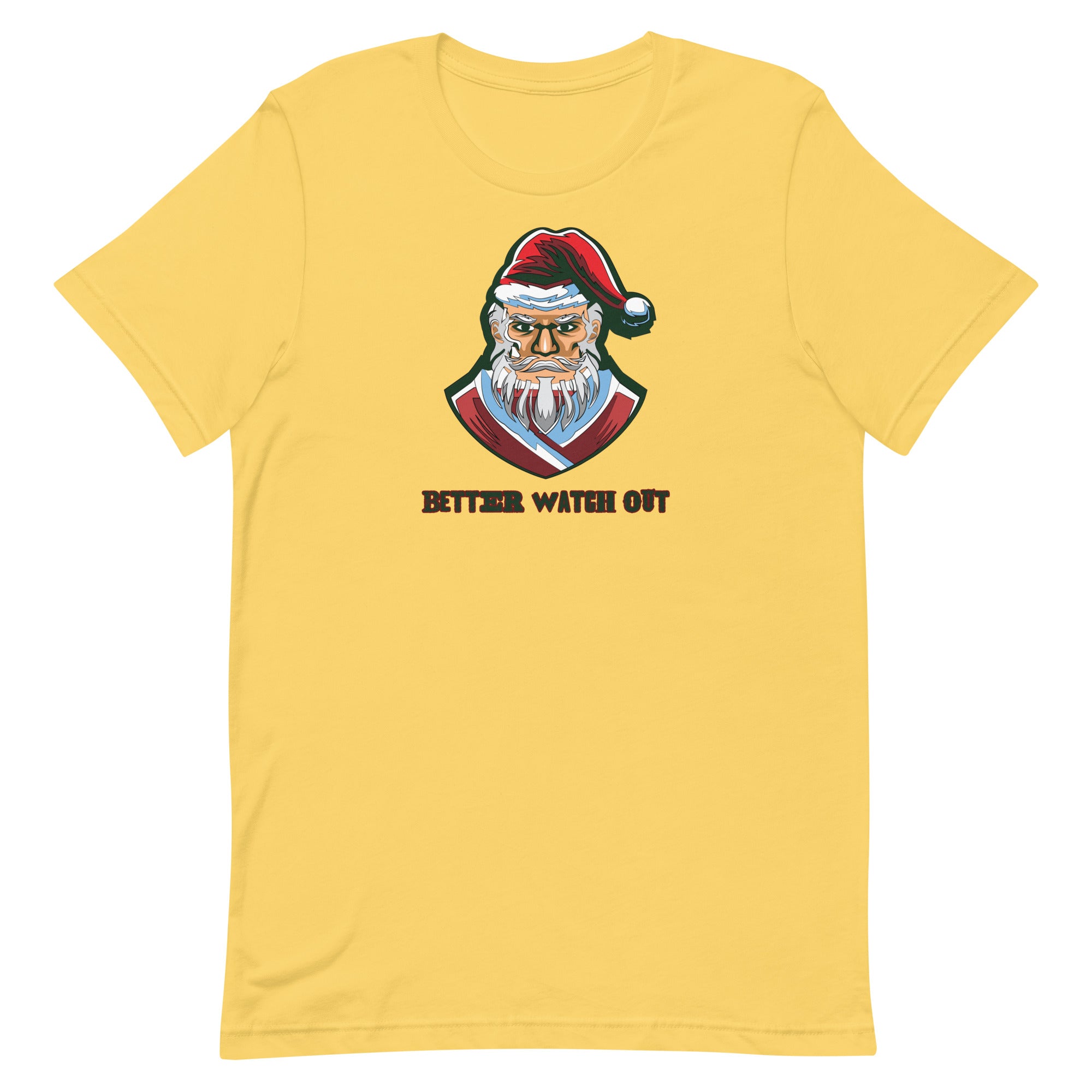 a yellow t - shirt with an image of a santa clause
