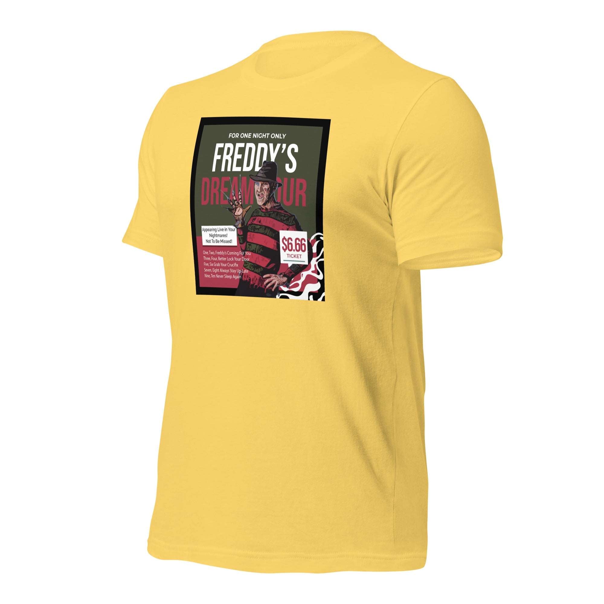 a yellow t - shirt with a picture of a man on it