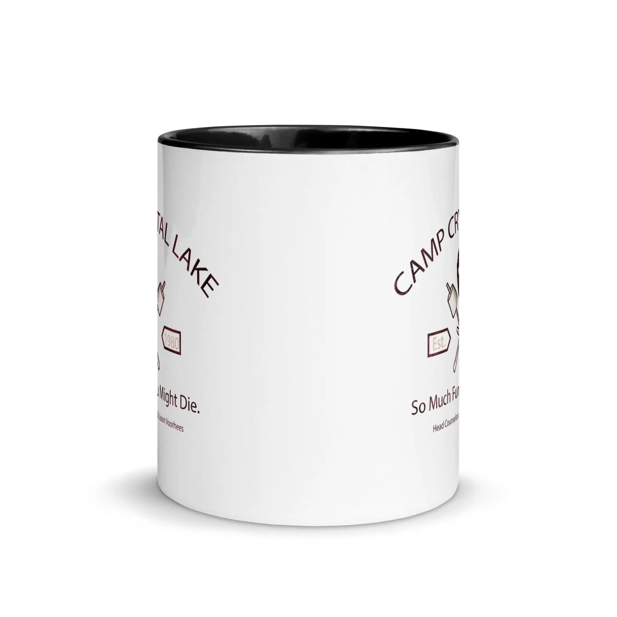 a black and white coffee mug with the words camp out on it