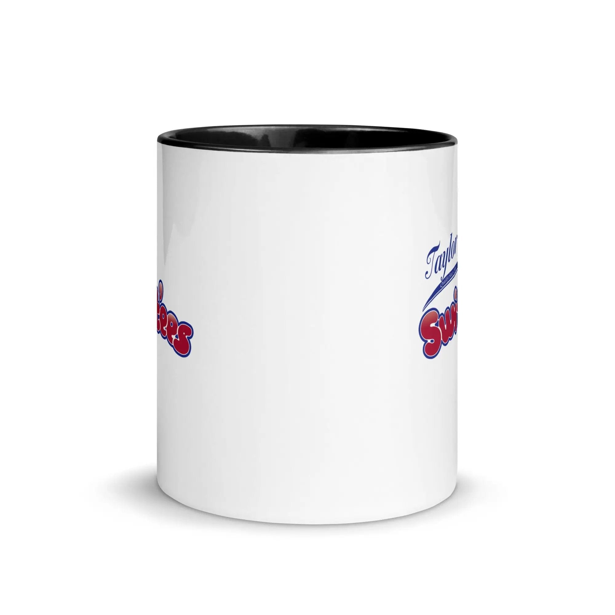 a white coffee mug with a red and blue logo