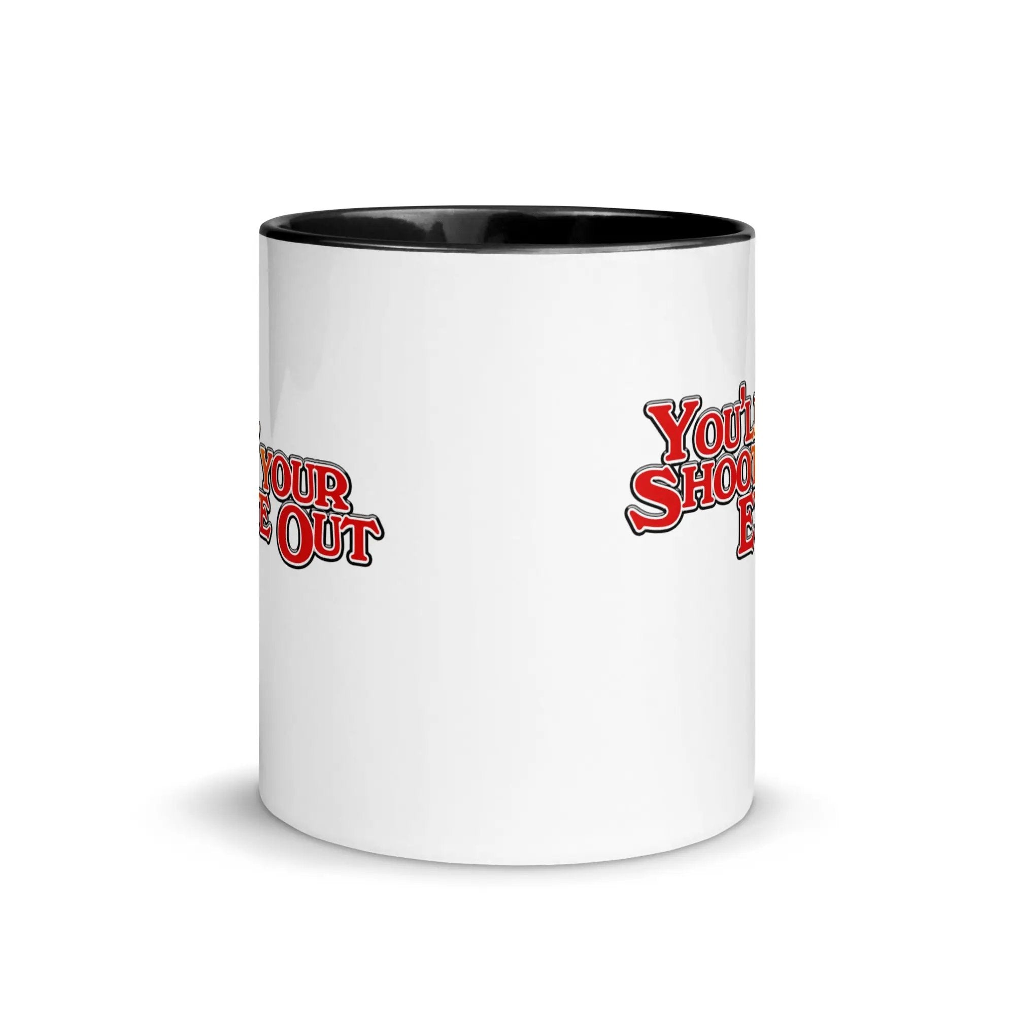 a white and black coffee mug with the words your shot on it