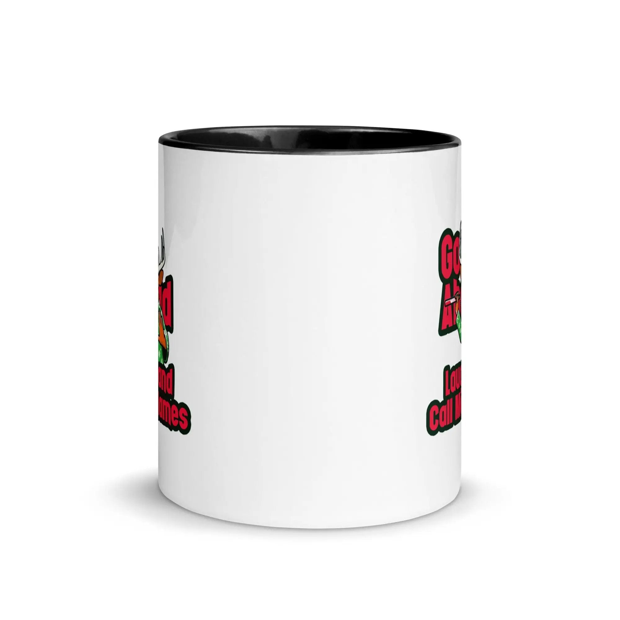 a black and white coffee mug with red lettering
