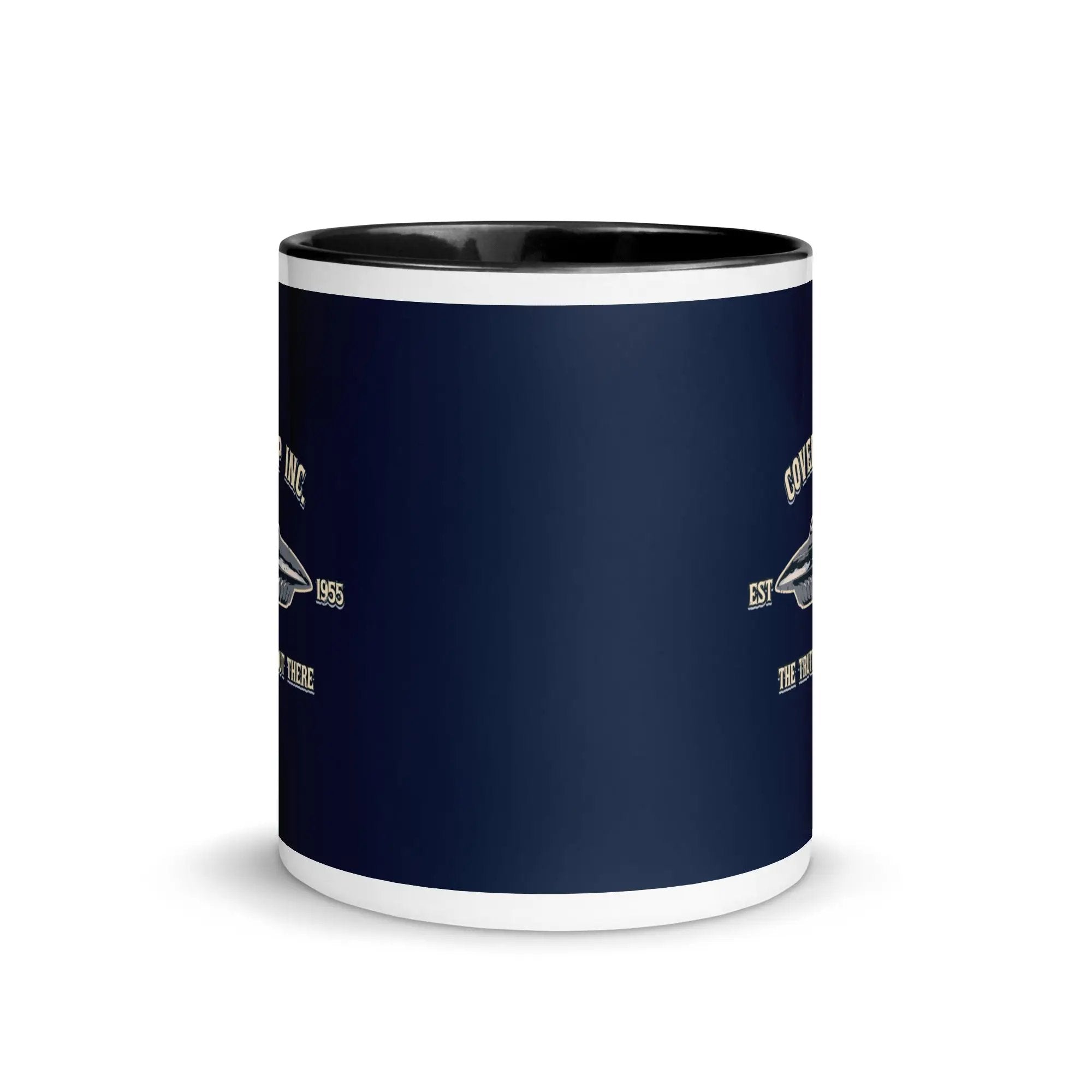 a black and white coffee mug with a blue background