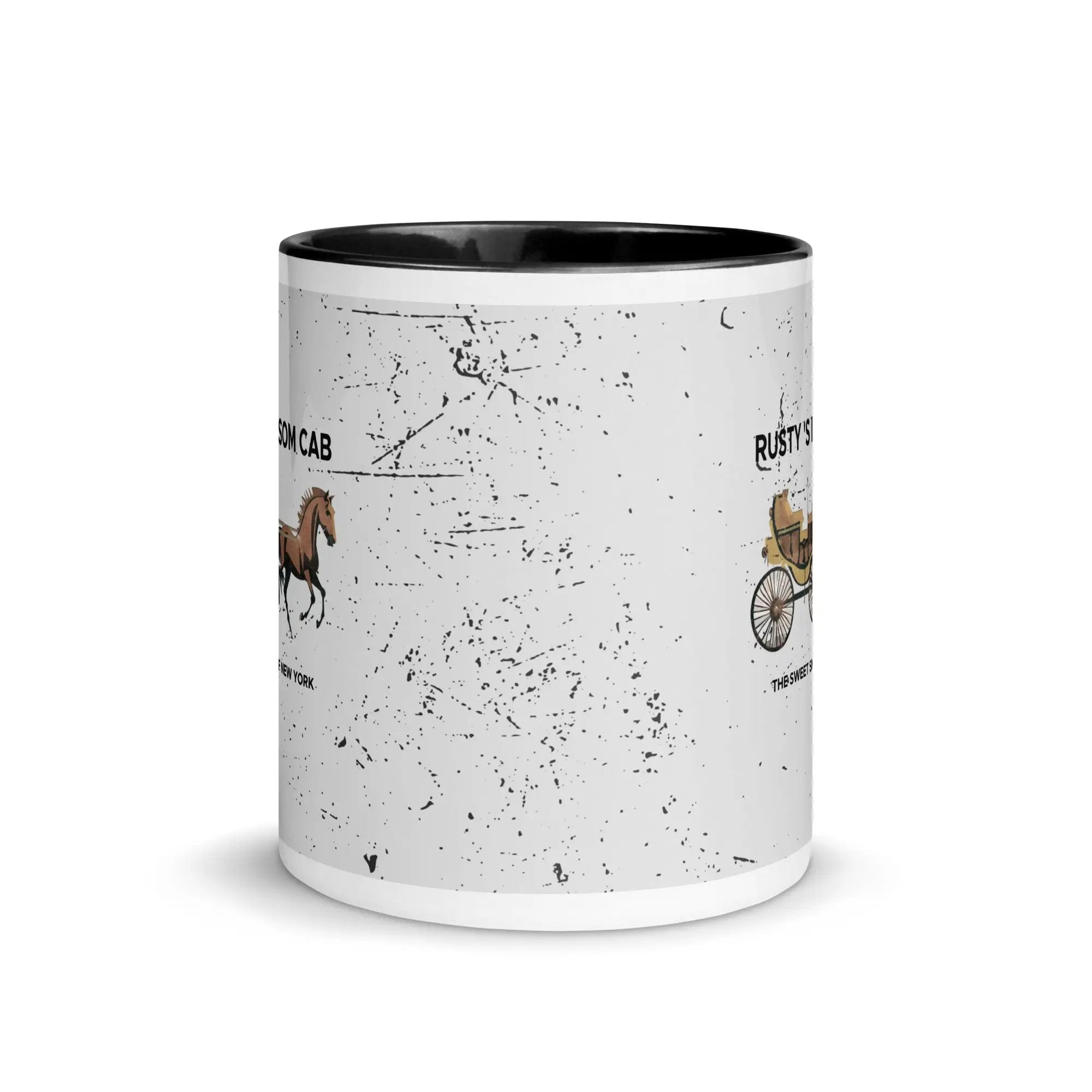 a black and white coffee mug with a picture of a horse