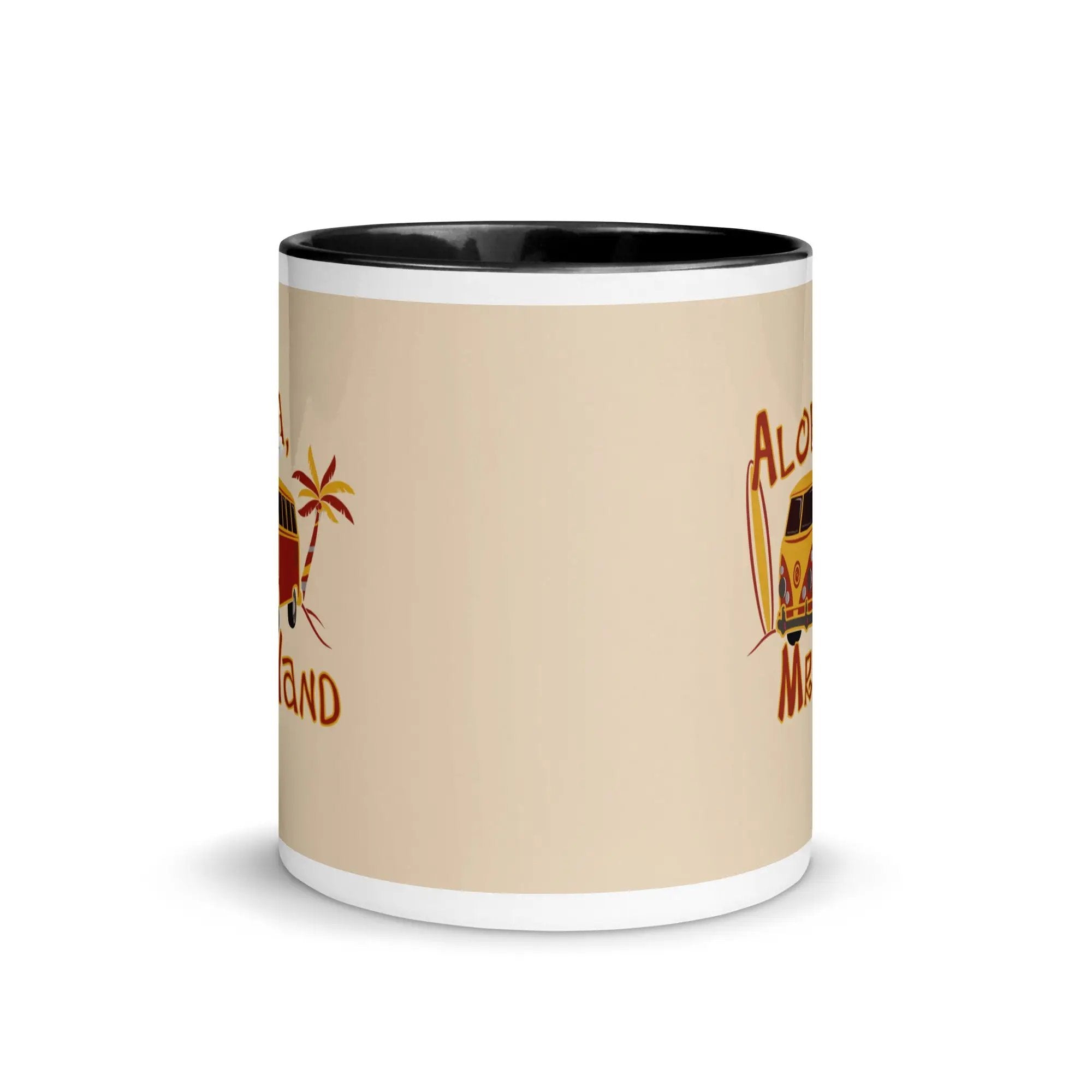 a white and black coffee mug with a picture of a surfboard