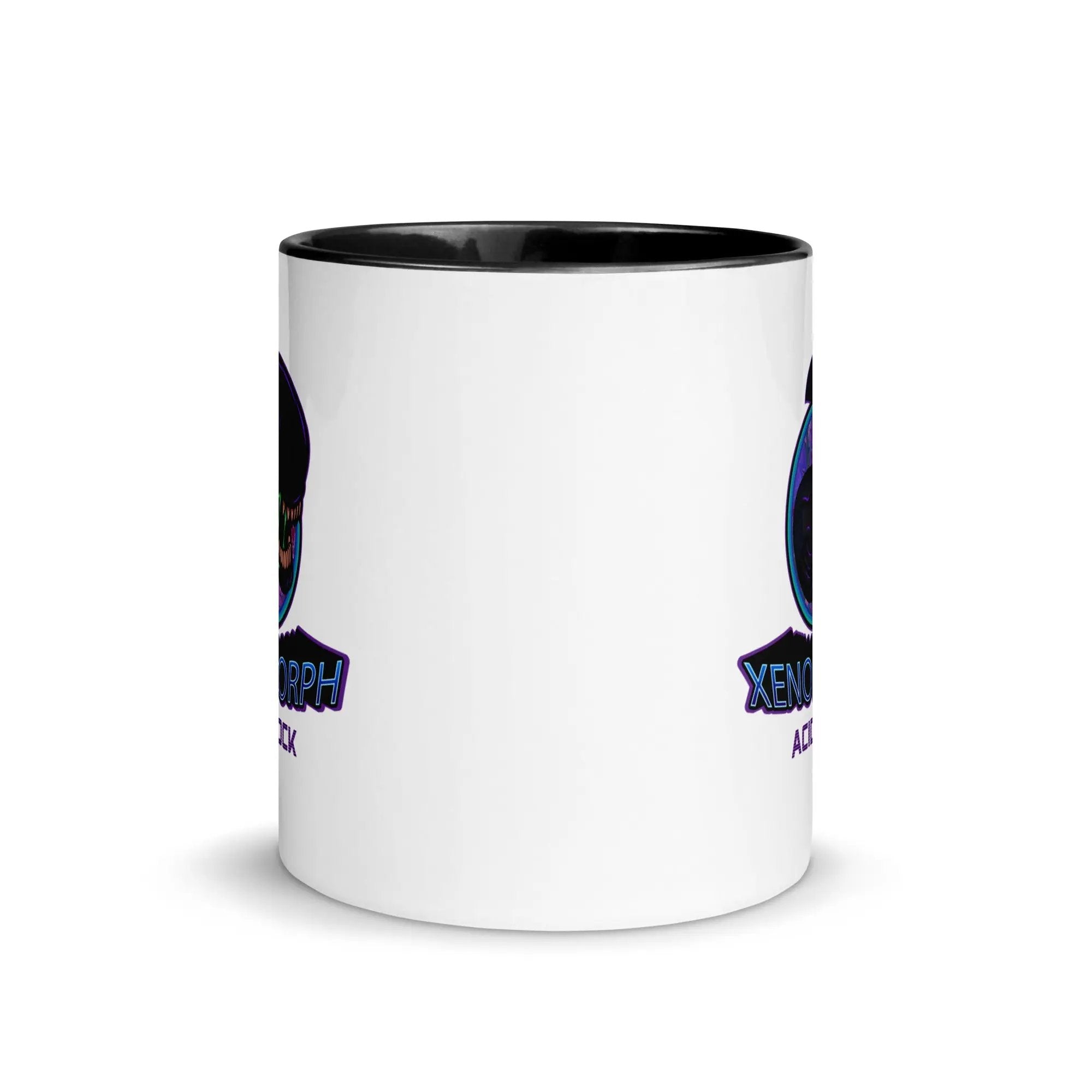 a white and black coffee mug with a black bottom